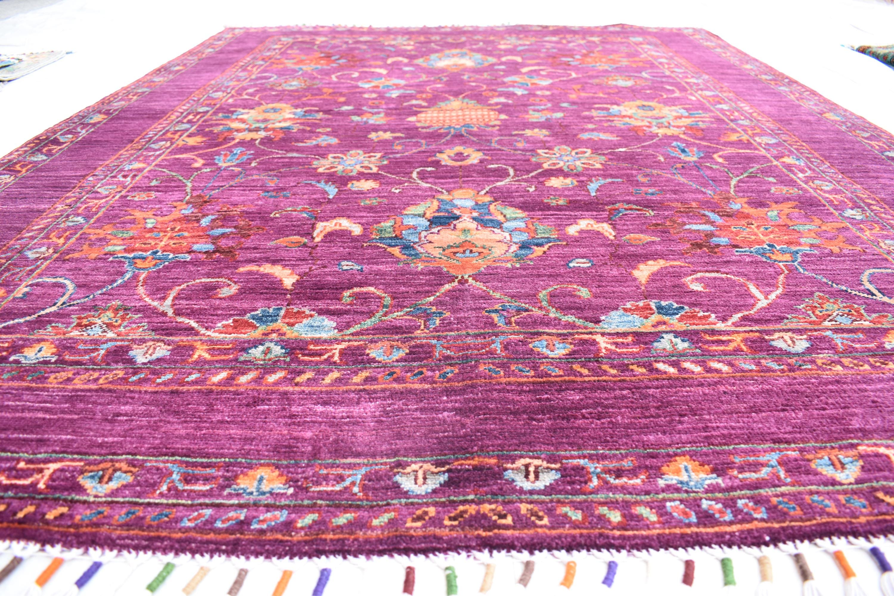 Handwoven Afghan Wool Carpet - Deep Red with Floral Patterns, 6.6x5.2 ft | Living Room Rug | Boho Home Decor | Office Rug