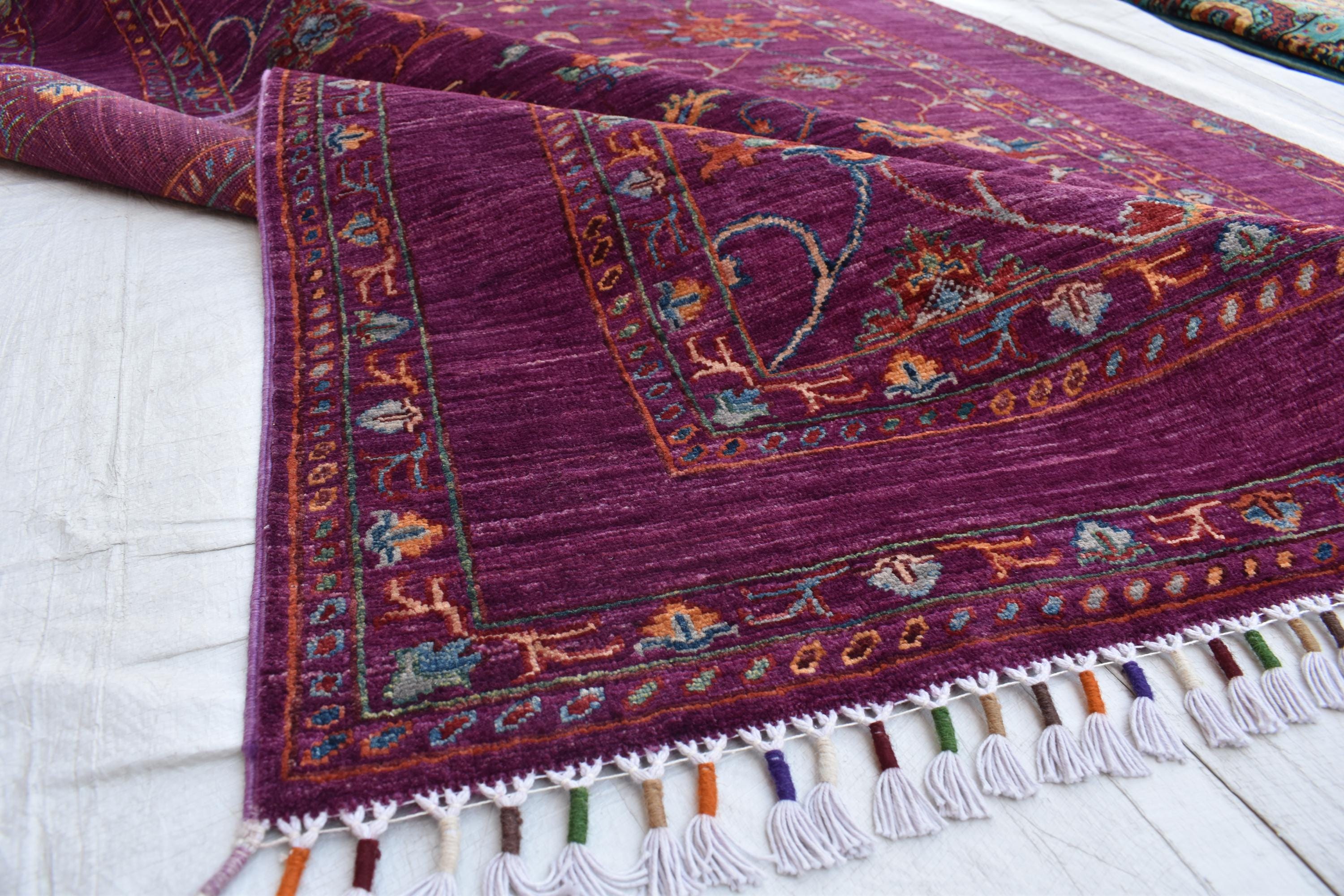 Handwoven Afghan Wool Carpet - Deep Red with Floral Patterns, 6.6x5.2 ft | Living Room Rug | Boho Home Decor | Office Rug