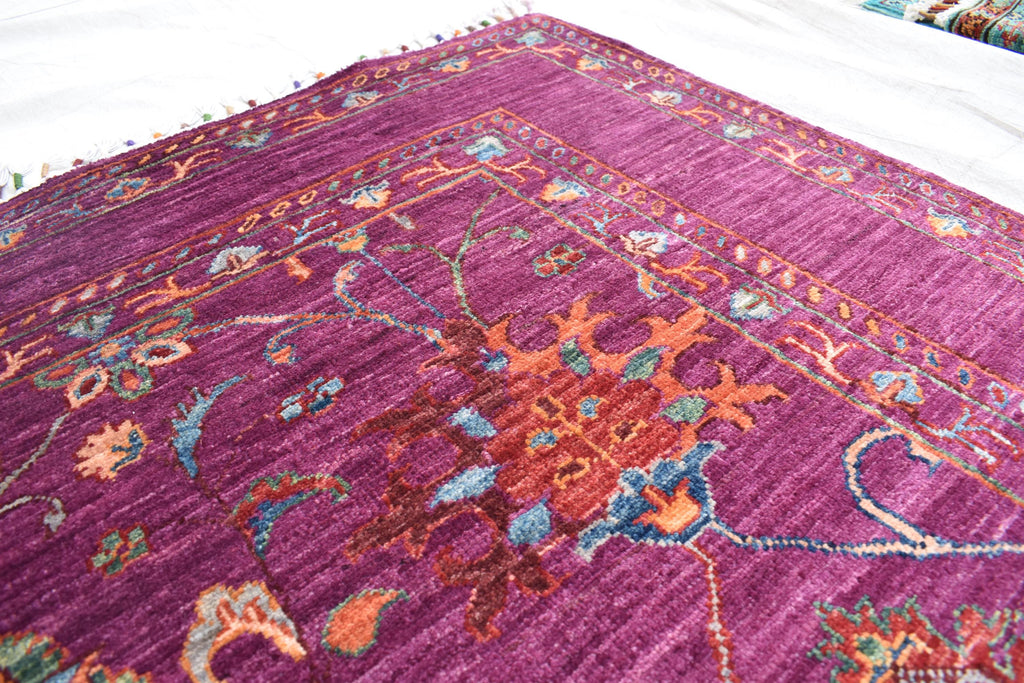 Handwoven Afghan Wool Carpet - Deep Red with Floral Patterns, 6.6x5.2 ft | Living Room Rug | Boho Home Decor | Office Rug