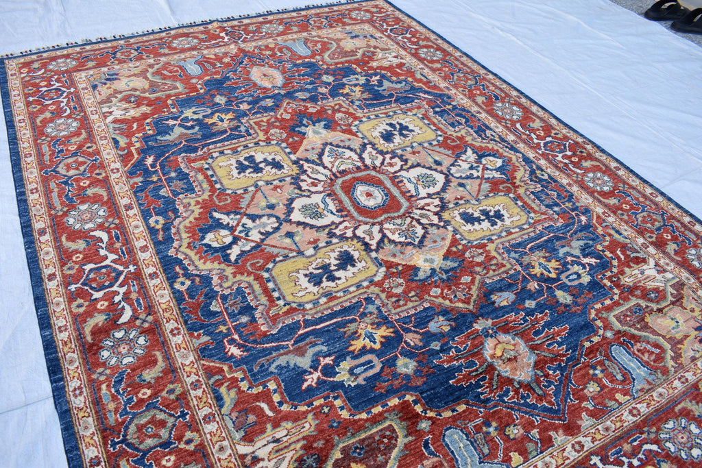 Traditional Afghan Handmade Wool Carpet - Blue & Rust Geometric Design, 7.11x5.9 ft | Bohemian Home Decor | Living Room Rug