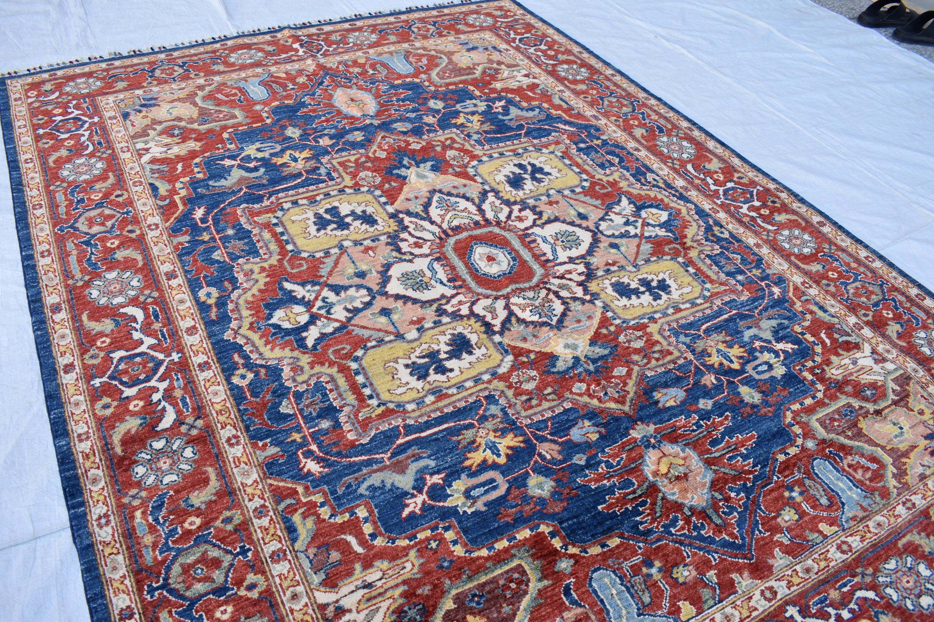 Traditional Afghan Handmade Wool Carpet - Blue & Rust Geometric Design, 7.11x5.9 ft | Bohemian Home Decor | Living Room Rug