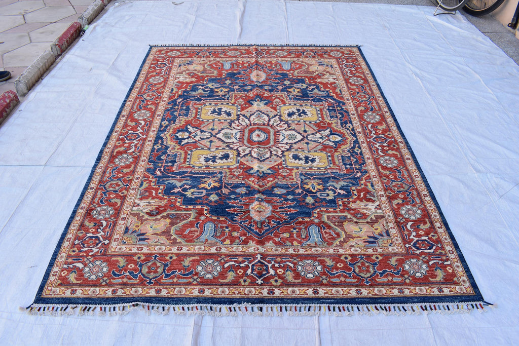 Traditional Afghan Handmade Wool Carpet - Blue & Rust Geometric Design, 7.11x5.9 ft | Bohemian Home Decor | Living Room Rug