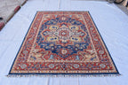 Traditional Afghan Handmade Wool Carpet - Blue & Rust Geometric Design, 7.11x5.9 ft | Bohemian Home Decor | Living Room Rug