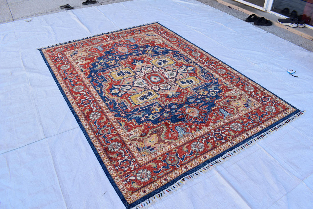 Traditional Afghan Handmade Wool Carpet - Blue & Rust Geometric Design, 7.11x5.9 ft | Bohemian Home Decor | Living Room Rug