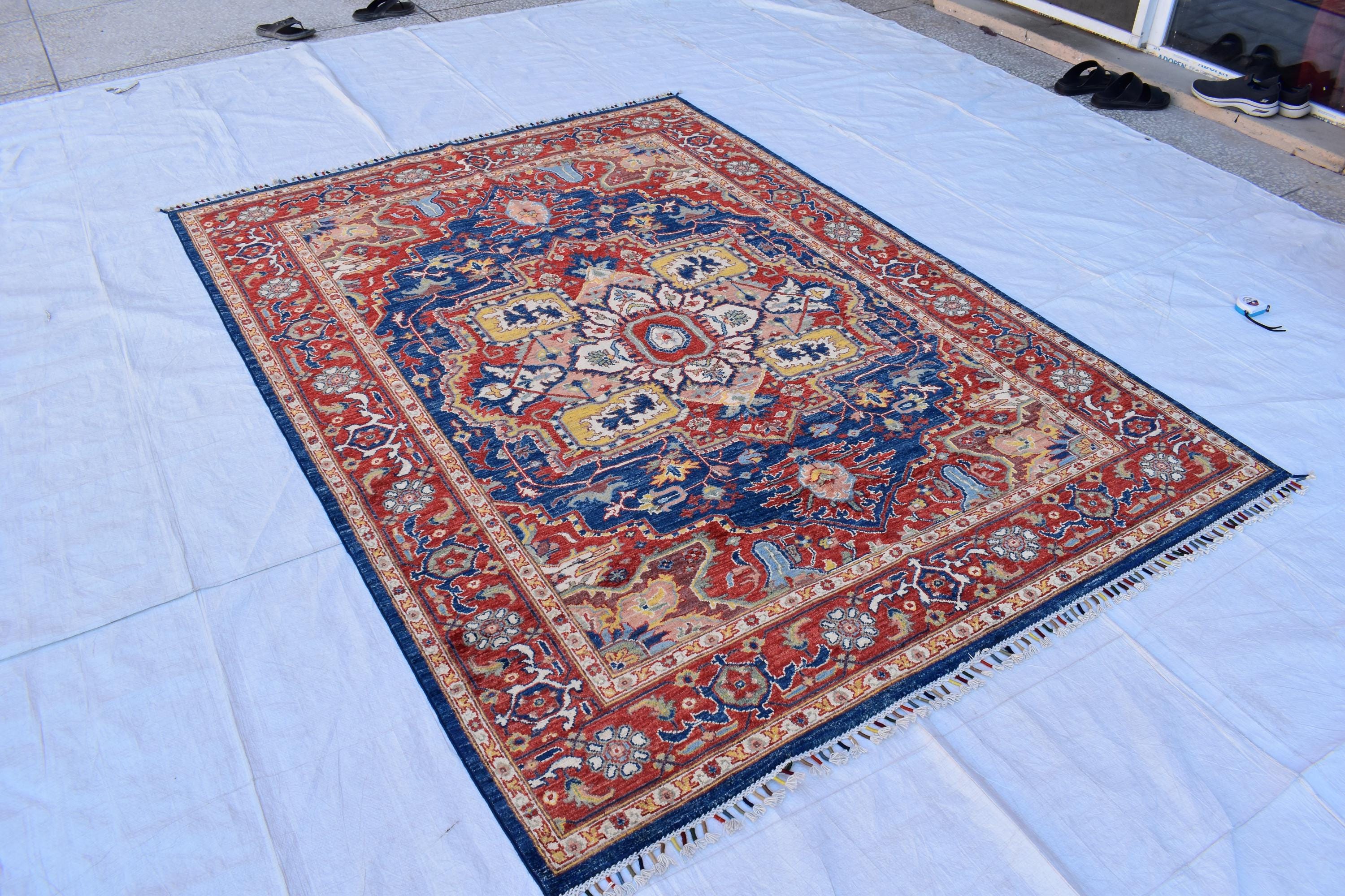 Traditional Afghan Handmade Wool Carpet - Blue & Rust Geometric Design, 7.11x5.9 ft | Bohemian Home Decor | Living Room Rug
