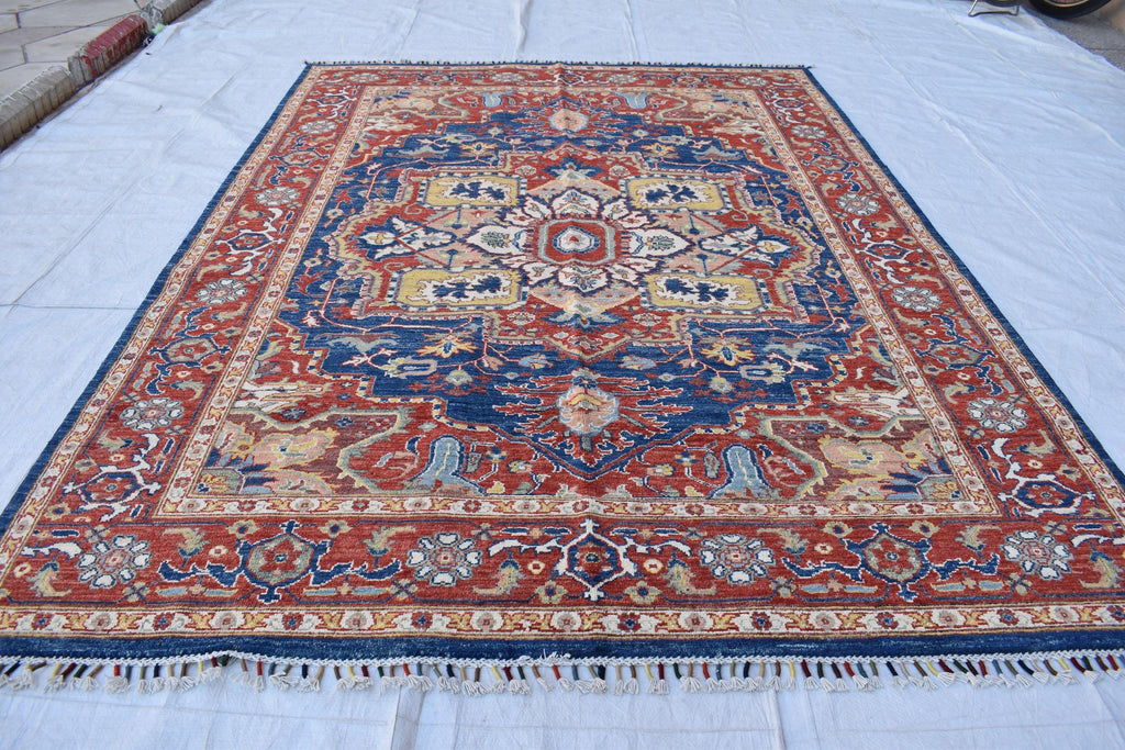 Traditional Afghan Handmade Wool Carpet - Blue & Rust Geometric Design, 7.11x5.9 ft | Bohemian Home Decor | Living Room Rug