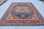 Traditional Afghan Handmade Wool Carpet - Blue & Rust Geometric Design, 7.11x5.9 ft | Bohemian Home Decor | Living Room Rug