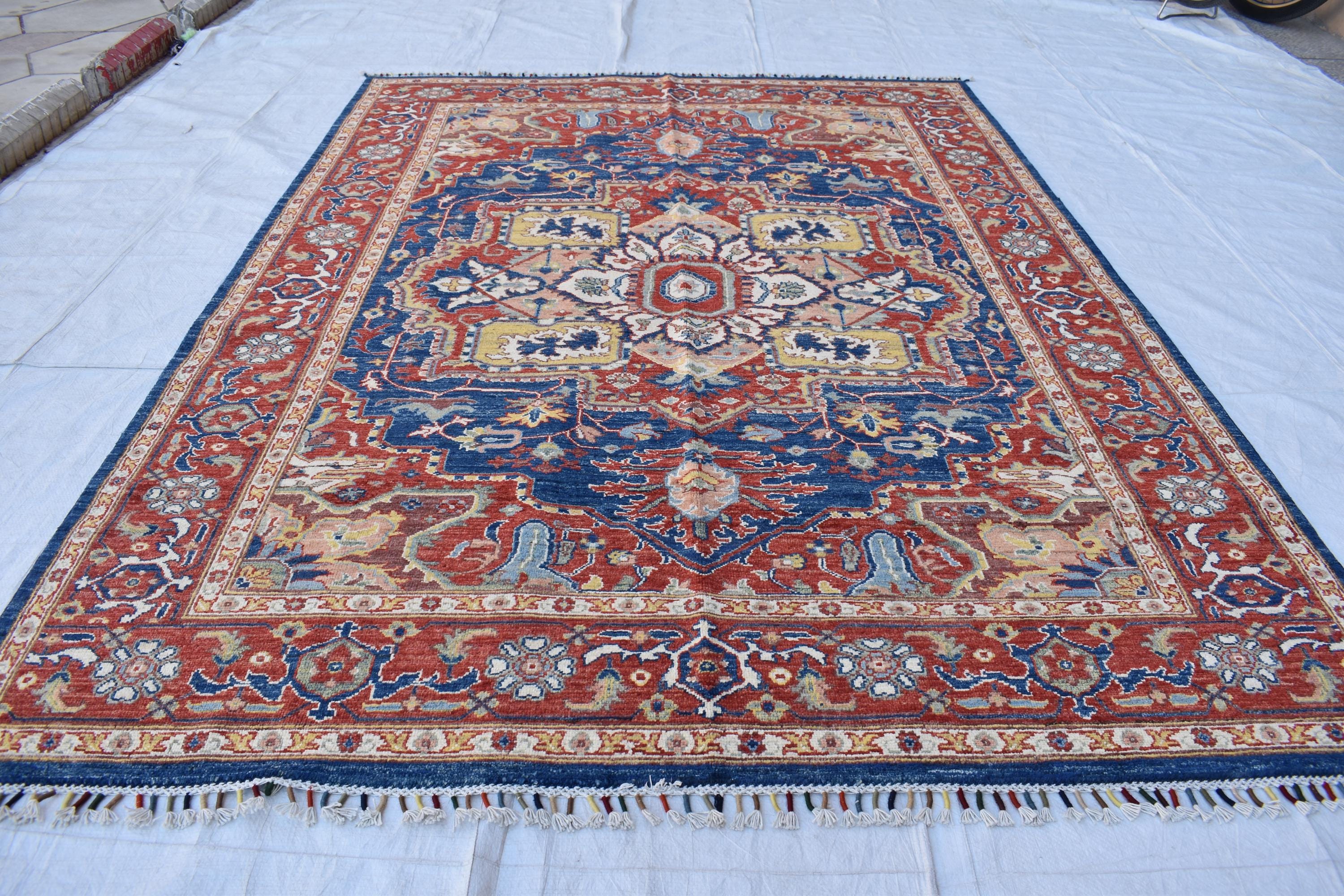 Traditional Afghan Handmade Wool Carpet - Blue & Rust Geometric Design, 7.11x5.9 ft | Bohemian Home Decor | Living Room Rug