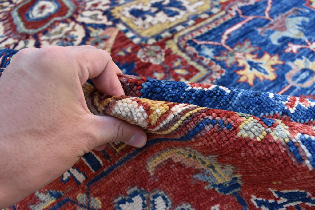 Traditional Afghan Handmade Wool Carpet - Blue & Rust Geometric Design, 7.11x5.9 ft | Bohemian Home Decor | Living Room Rug
