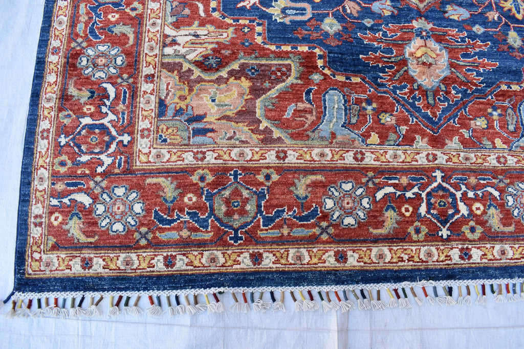 Traditional Afghan Handmade Wool Carpet - Blue & Rust Geometric Design, 7.11x5.9 ft | Bohemian Home Decor | Living Room Rug