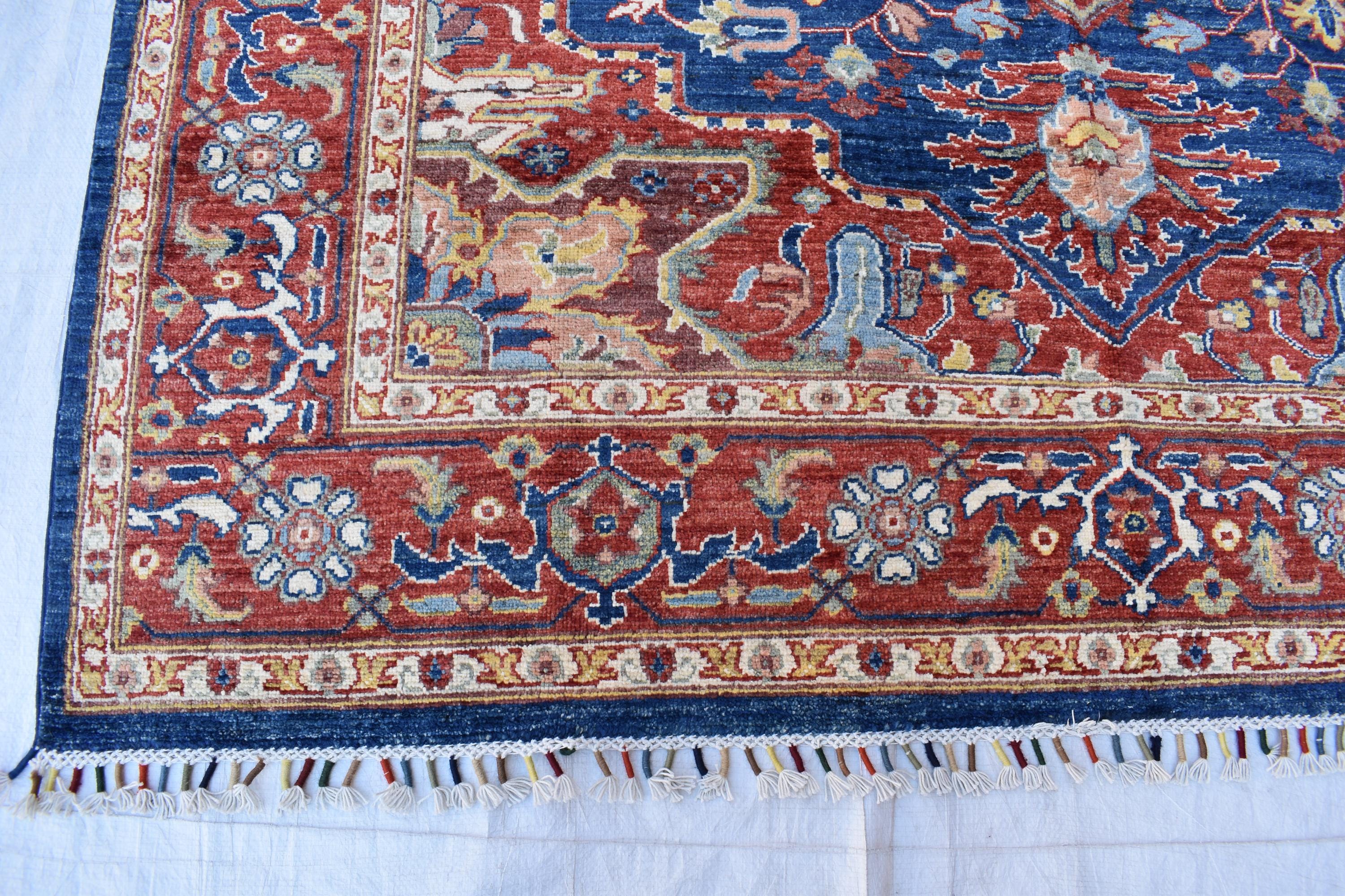 Traditional Afghan Handmade Wool Carpet - Blue & Rust Geometric Design, 7.11x5.9 ft | Bohemian Home Decor | Living Room Rug