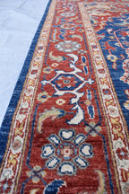 Traditional Afghan Handmade Wool Carpet - Blue & Rust Geometric Design, 7.11x5.9 ft | Bohemian Home Decor | Living Room Rug