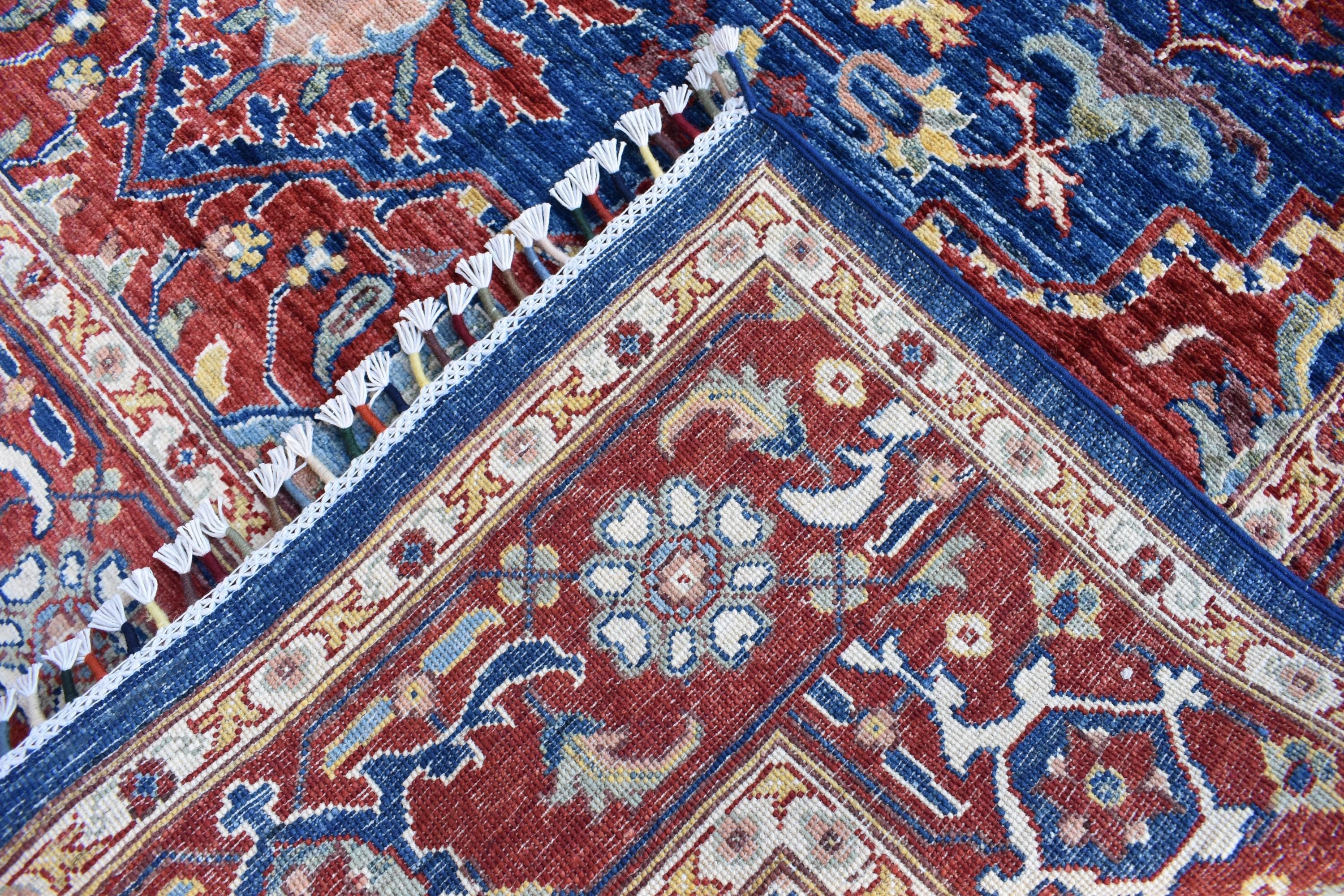Traditional Afghan Handmade Wool Carpet - Blue & Rust Geometric Design, 7.11x5.9 ft | Bohemian Home Decor | Living Room Rug
