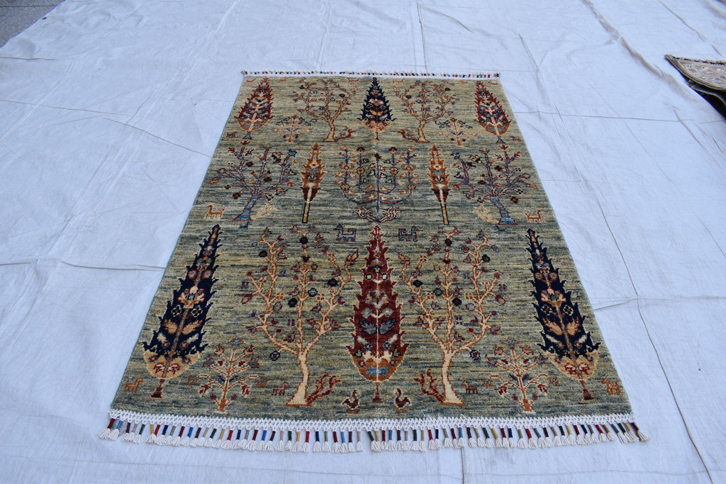 Handmade Afghan Wool Area Rug, Tree of Life Design – 4.10x3.3 ft, Traditional Oriental Carpet | Pictorial Rug | Wall Hanging Rug