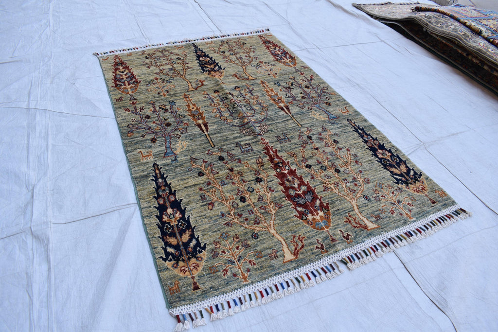 Handmade Afghan Wool Area Rug, Tree of Life Design – 4.10x3.3 ft, Traditional Oriental Carpet | Pictorial Rug | Wall Hanging Rug