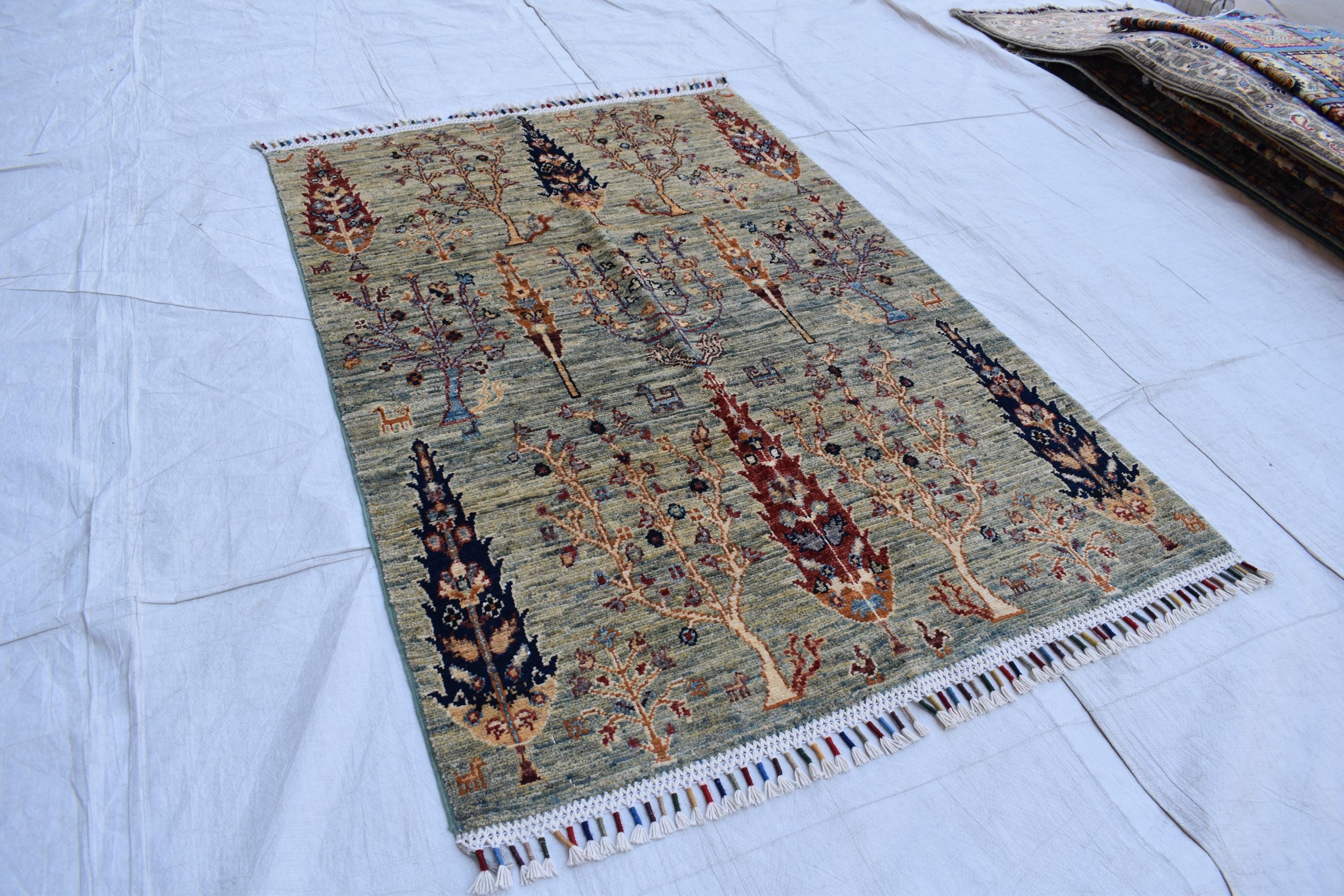 Handmade Afghan Wool Area Rug, Tree of Life Design – 4.10x3.3 ft, Traditional Oriental Carpet | Pictorial Rug | Wall Hanging Rug