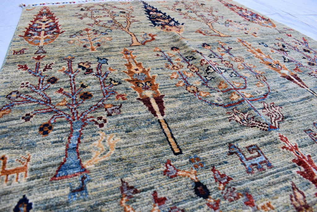 Handmade Afghan Wool Area Rug, Tree of Life Design – 4.10x3.3 ft, Traditional Oriental Carpet | Pictorial Rug | Wall Hanging Rug