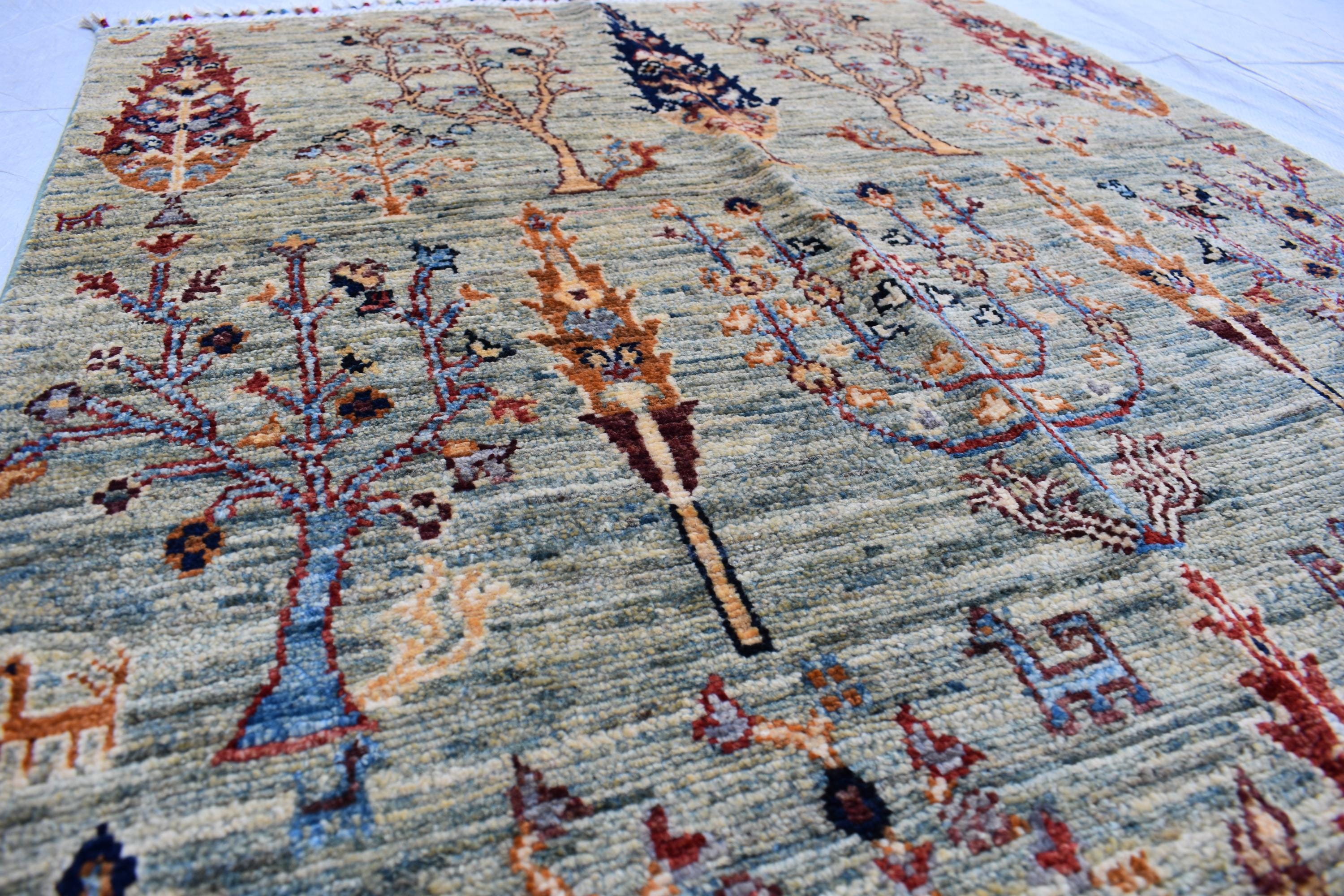Handmade Afghan Wool Area Rug, Tree of Life Design – 4.10x3.3 ft, Traditional Oriental Carpet | Pictorial Rug | Wall Hanging Rug