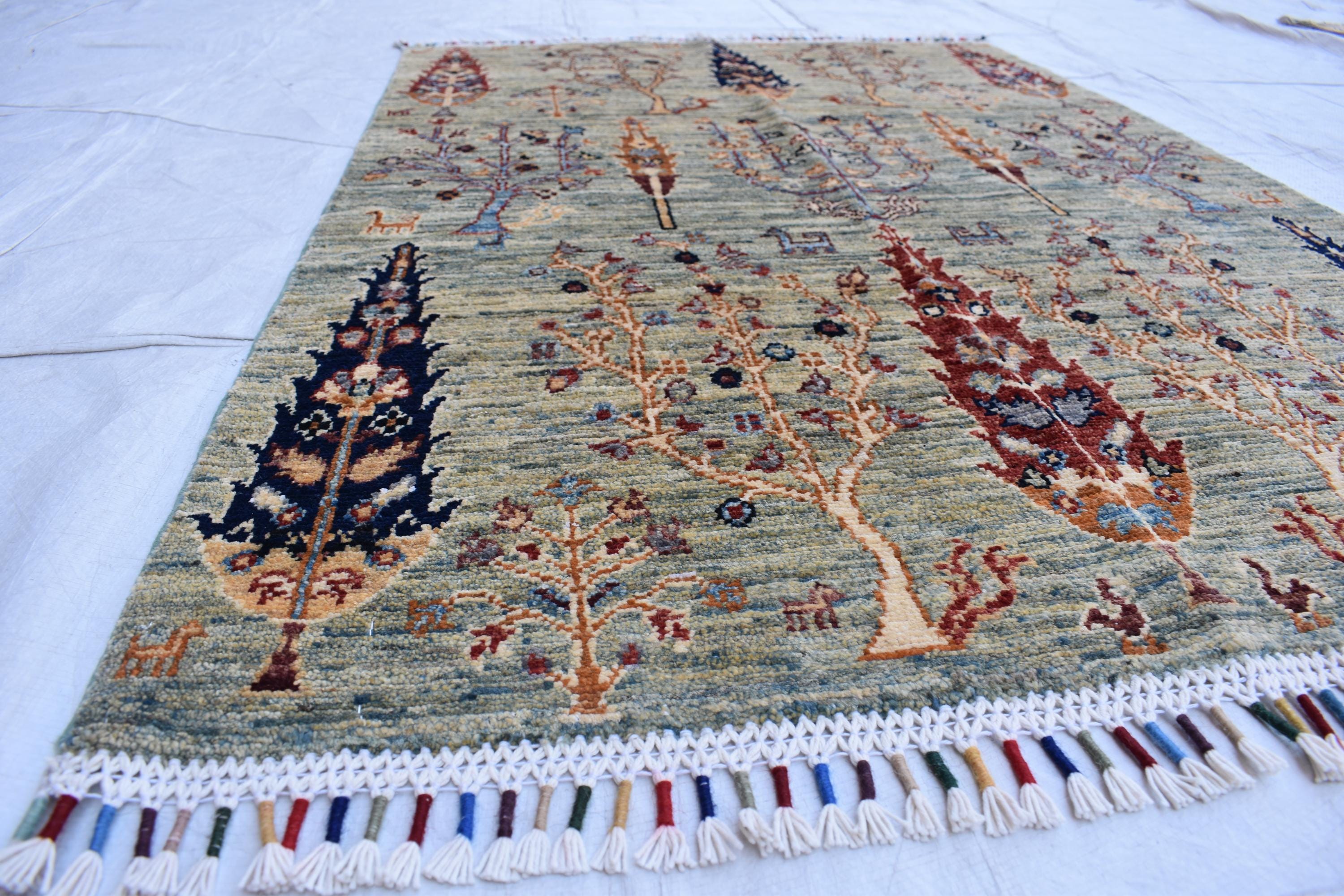 Handmade Afghan Wool Area Rug, Tree of Life Design – 4.10x3.3 ft, Traditional Oriental Carpet | Pictorial Rug | Wall Hanging Rug