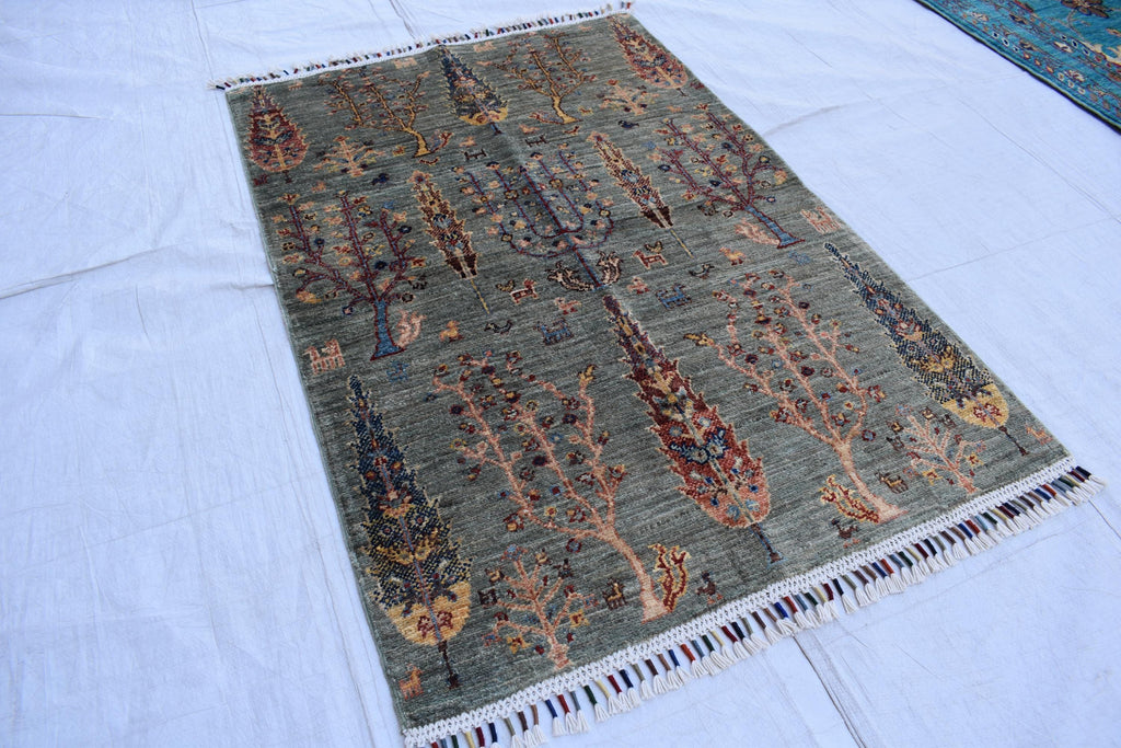 Handmade Afghan Tree of Life Design Rug - 4.1 x 2.7 ft | Pictorial Rug | Bohemian Home Decor | Geometric Rug | Office Rug