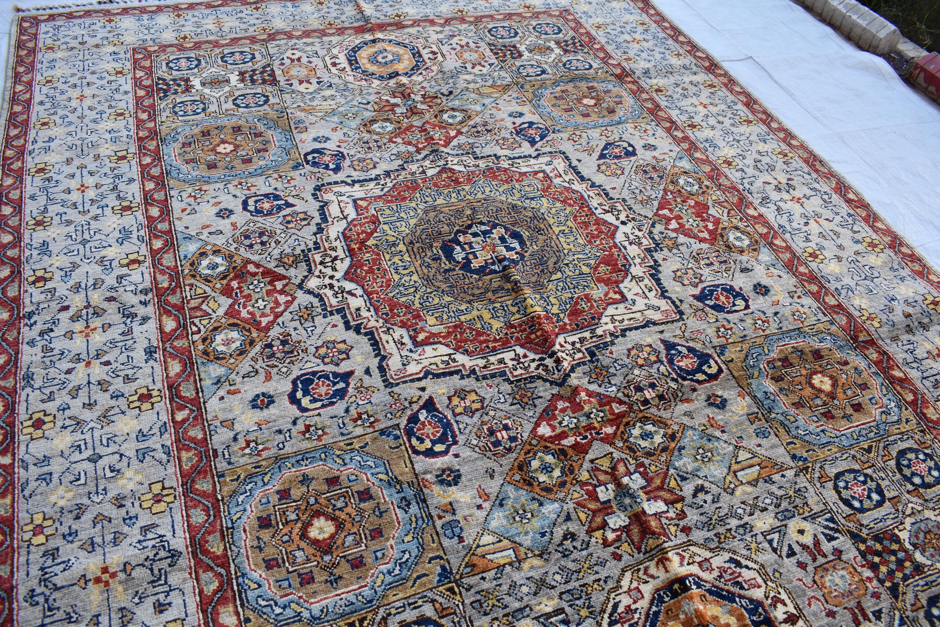 Handmade Afghan Wool Rug - 8.7x6.4 ft Traditional Geometric Design with Floral Motifs | Rustic Boho Decor | Living Room Rug