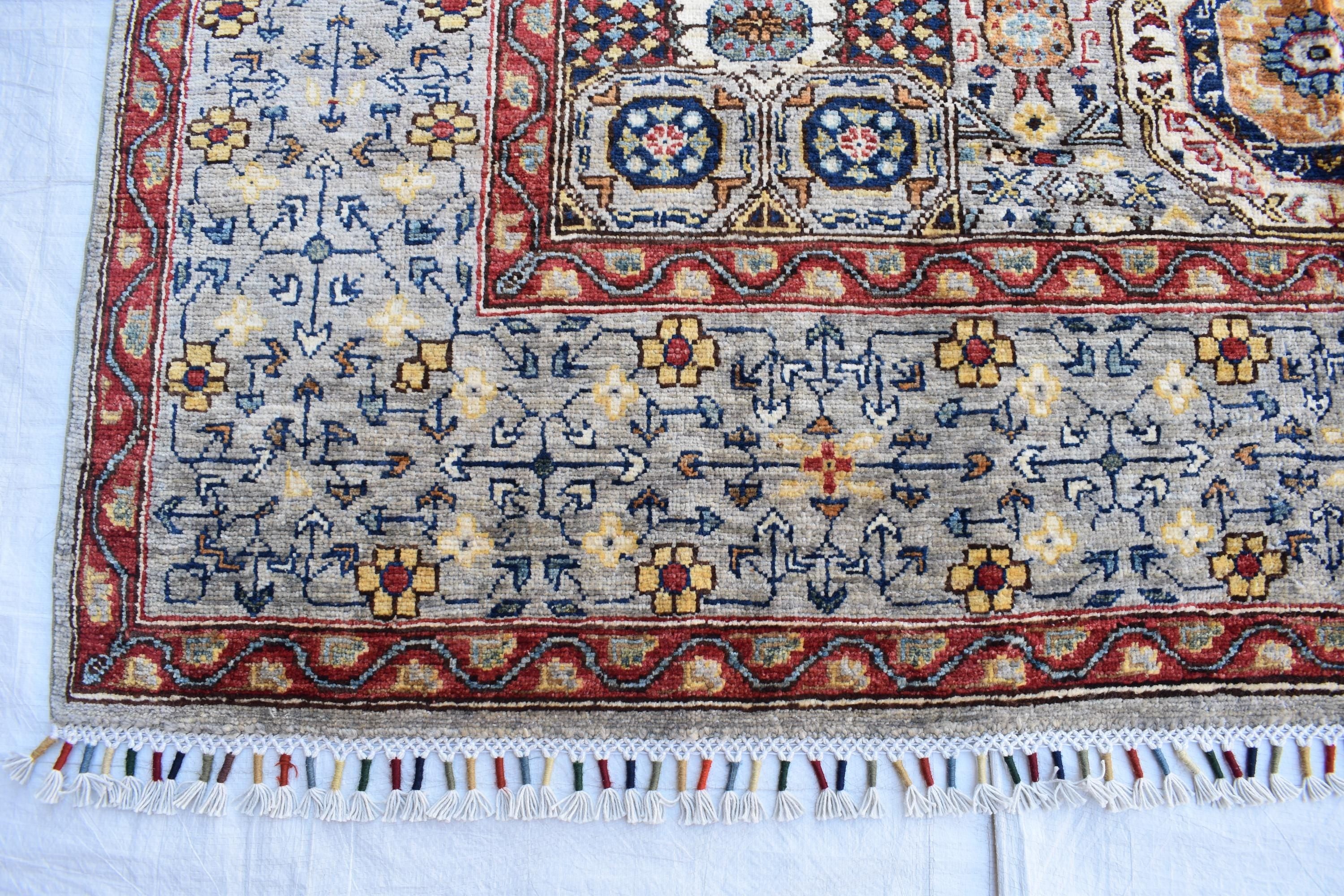 Handmade Afghan Wool Rug - 8.7x6.4 ft Traditional Geometric Design with Floral Motifs | Rustic Boho Decor | Living Room Rug