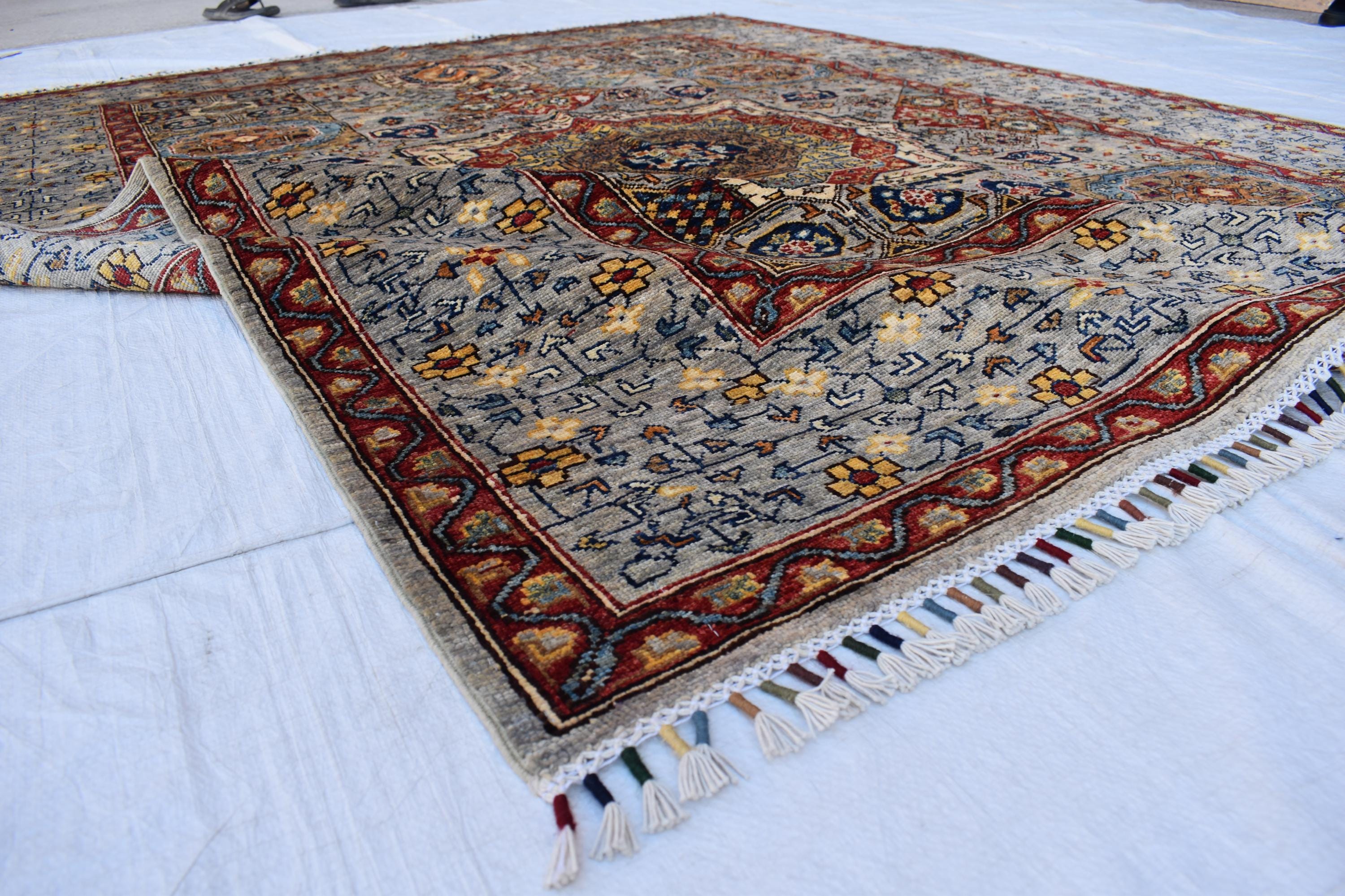 Handmade Afghan Wool Rug - 8.7x6.4 ft Traditional Geometric Design with Floral Motifs | Rustic Boho Decor | Living Room Rug