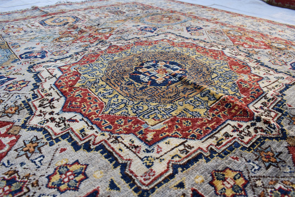 Handmade Afghan Wool Rug - 8.7x6.4 ft Traditional Geometric Design with Floral Motifs | Rustic Boho Decor | Living Room Rug