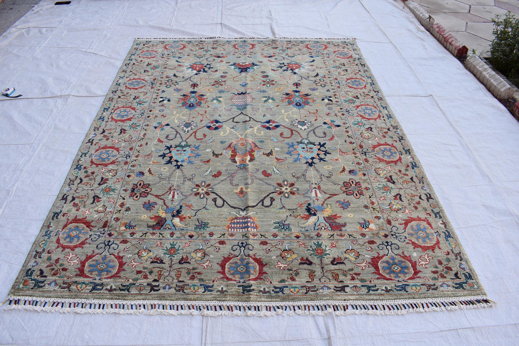 Handmade Afghan Wool Rug - 7.8x5.9 ft Traditional Geometric Design with Floral Motifs | Bohemian Rug | Living Room Rug Bedroom Rug