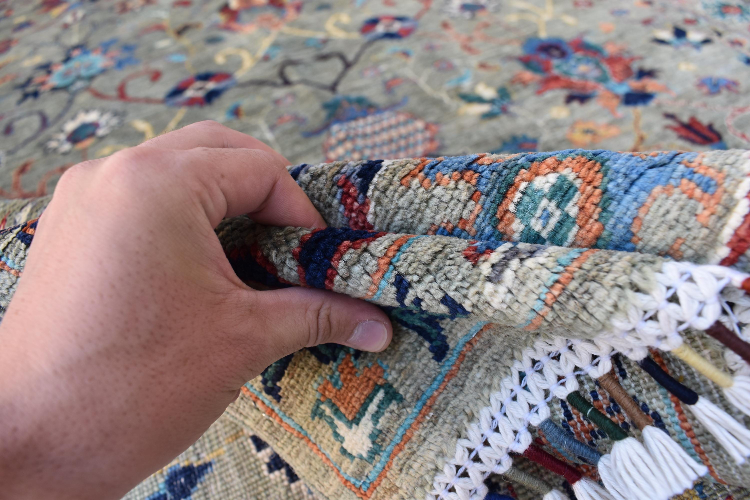 Handmade Afghan Wool Rug - 7.8x5.9 ft Traditional Geometric Design with Floral Motifs | Bohemian Rug | Living Room Rug Bedroom Rug