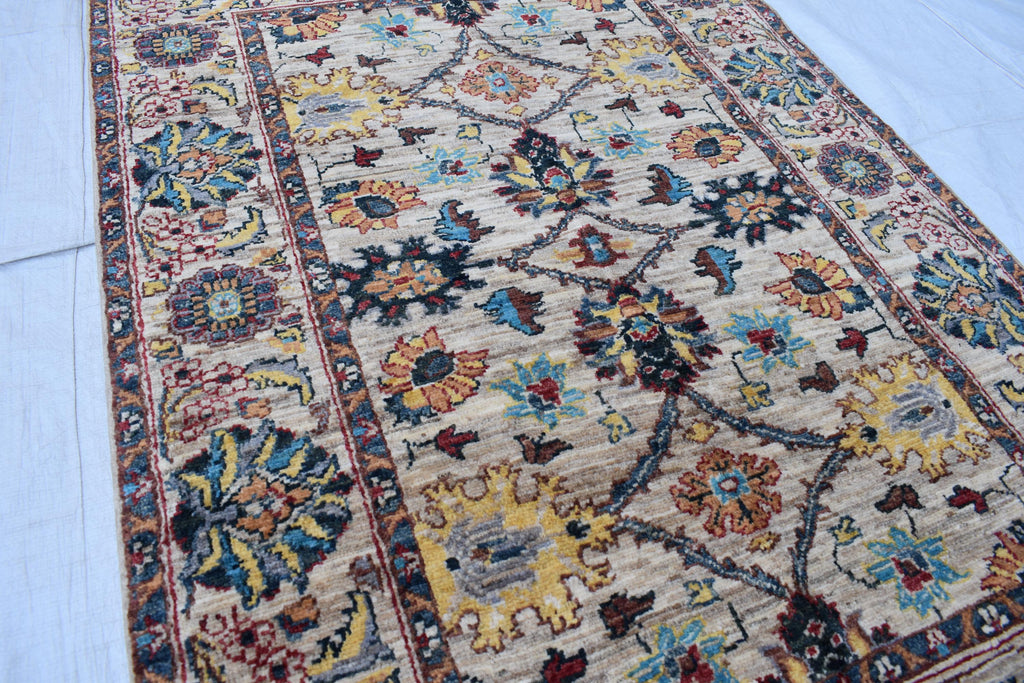 Handmade Afghan Chob Rug - 4.10x3.5 ft Traditional Geometric Design with Floral Motifs | Bohemian Home Decor | Living Room Rug