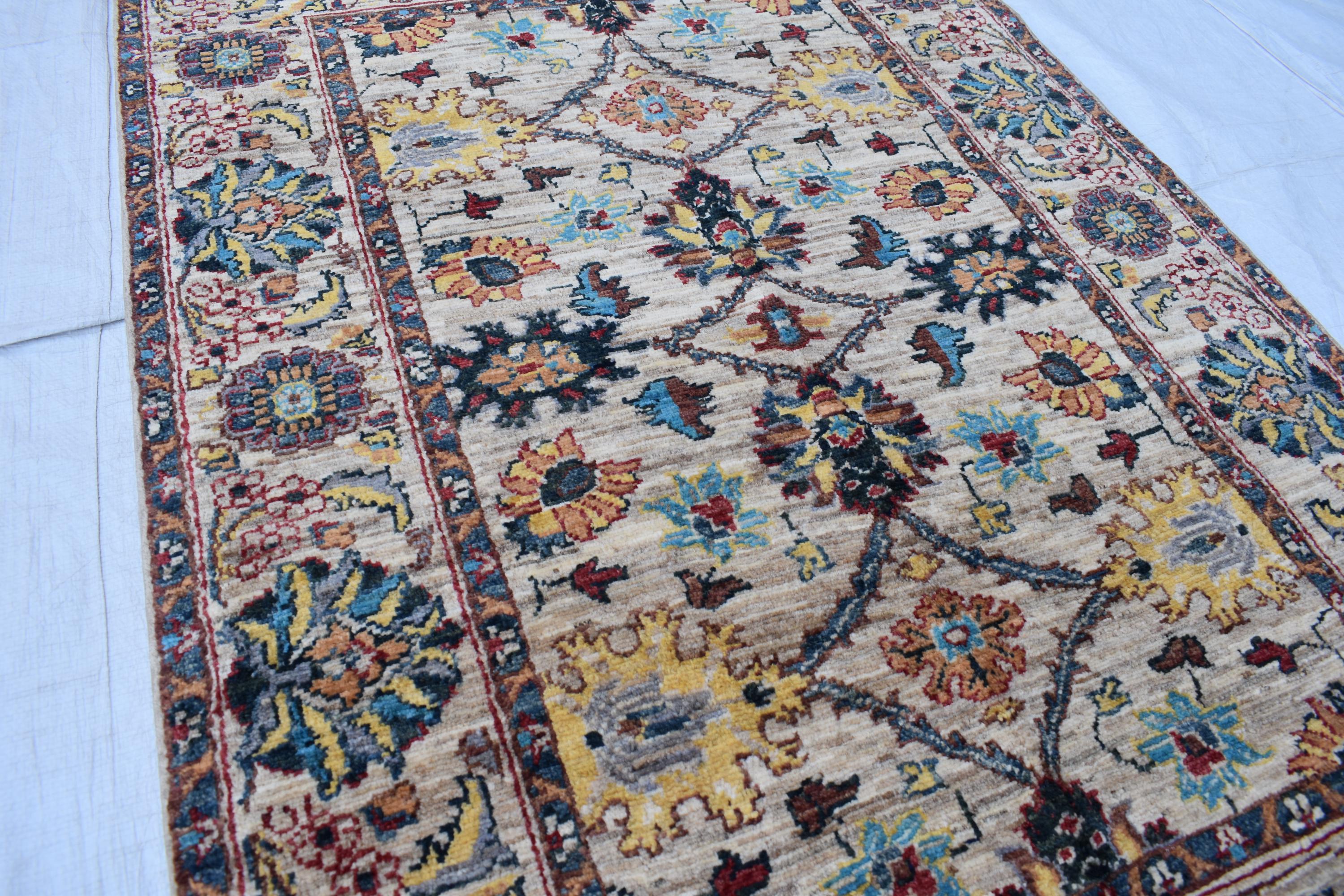Handmade Afghan Chob Rug - 4.10x3.5 ft Traditional Geometric Design with Floral Motifs | Bohemian Home Decor | Living Room Rug