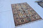 Handmade Afghan Chob Rug - 4.10x3.5 ft Traditional Geometric Design with Floral Motifs | Bohemian Home Decor | Living Room Rug