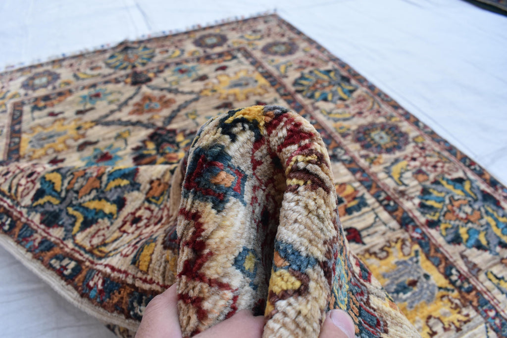 Handmade Afghan Chob Rug - 4.10x3.5 ft Traditional Geometric Design with Floral Motifs | Bohemian Home Decor | Living Room Rug