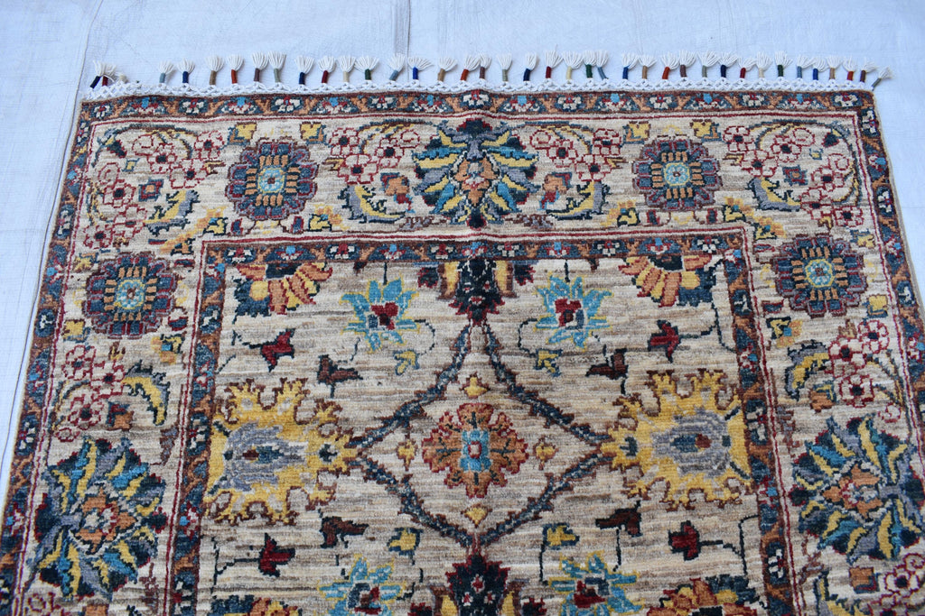 Handmade Afghan Chob Rug - 4.10x3.5 ft Traditional Geometric Design with Floral Motifs | Bohemian Home Decor | Living Room Rug