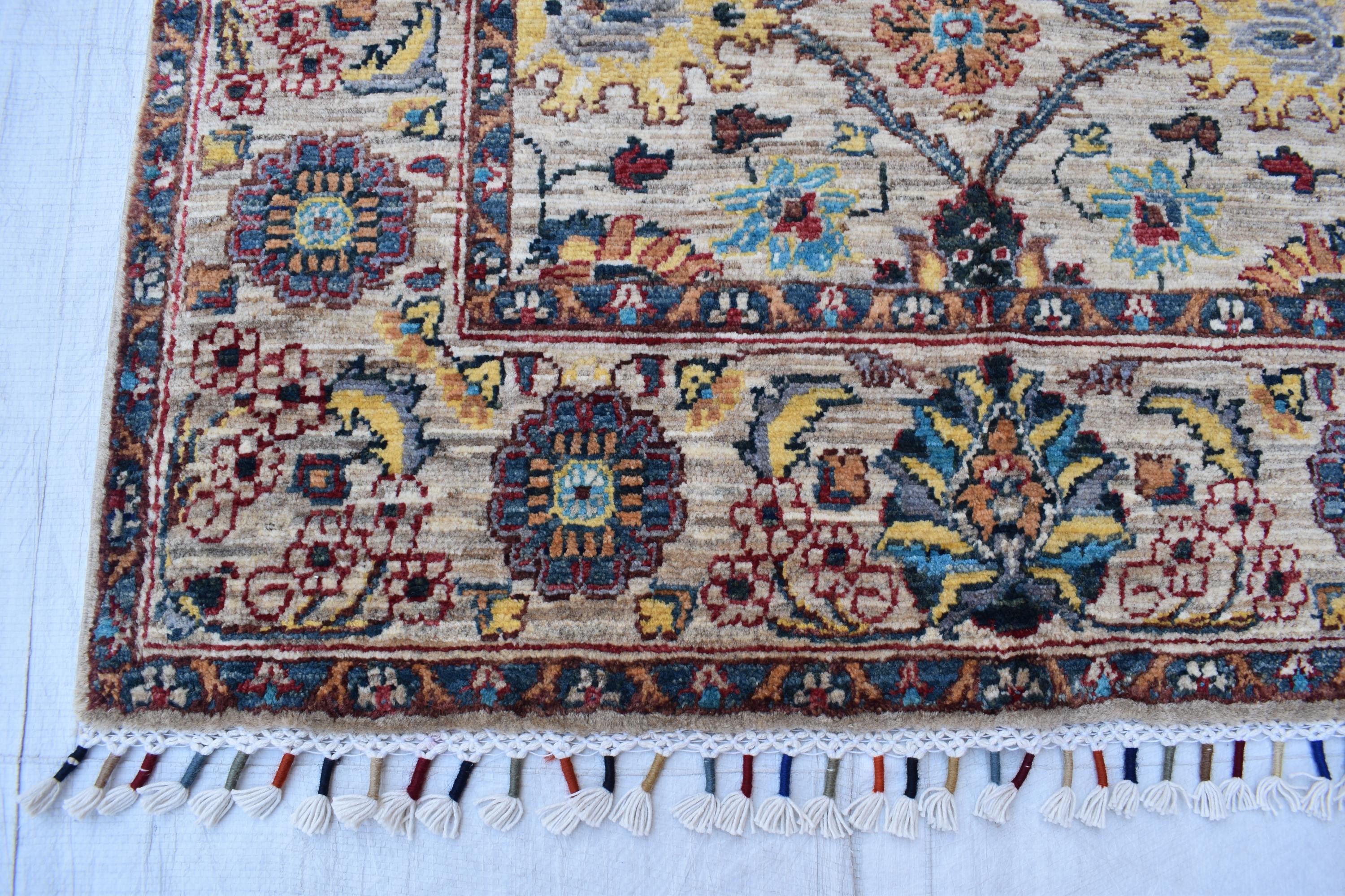 Handmade Afghan Chob Rug - 4.10x3.5 ft Traditional Geometric Design with Floral Motifs | Bohemian Home Decor | Living Room Rug