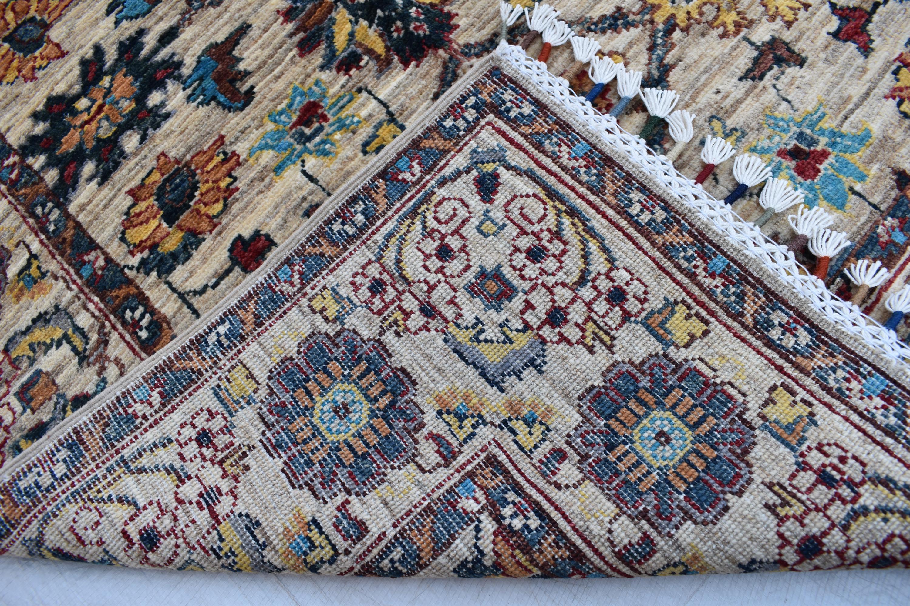 Handmade Afghan Chob Rug - 4.10x3.5 ft Traditional Geometric Design with Floral Motifs | Bohemian Home Decor | Living Room Rug