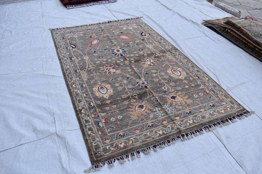 Handmade Afghan Wool Rug - 6.1 x 4.1 ft Traditional Geometric Design with Floral Motifs, Medium Area Rug | Office Rug | Living Room Rug