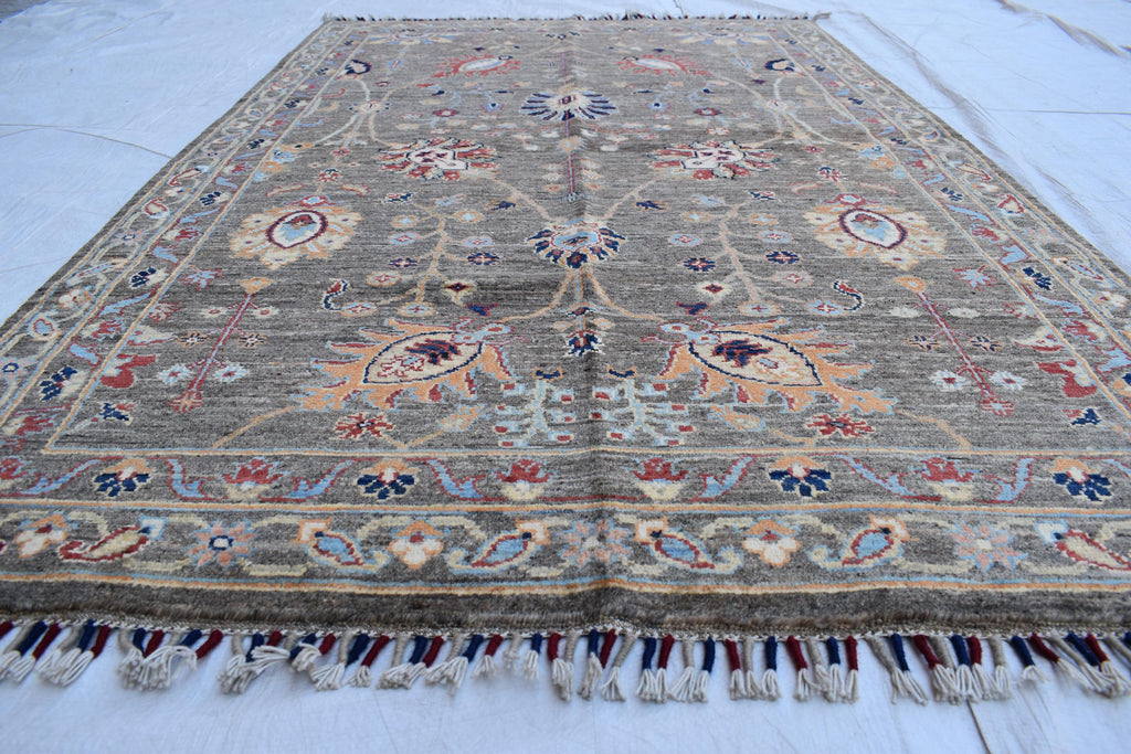 Handmade Afghan Wool Rug - 6.1 x 4.1 ft Traditional Geometric Design with Floral Motifs, Medium Area Rug | Office Rug | Living Room Rug