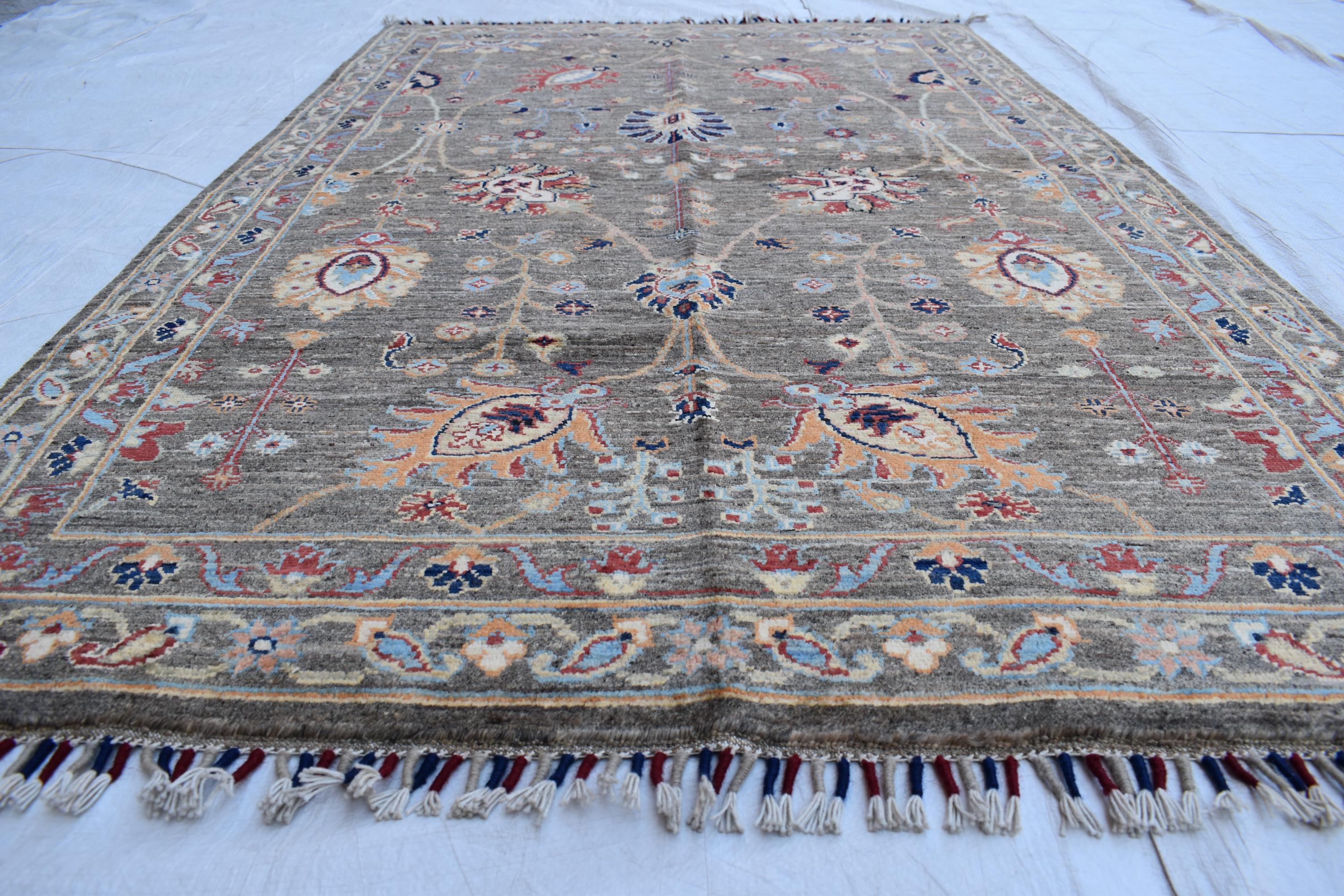 Handmade Afghan Wool Rug - 6.1 x 4.1 ft Traditional Geometric Design with Floral Motifs, Medium Area Rug | Office Rug | Living Room Rug