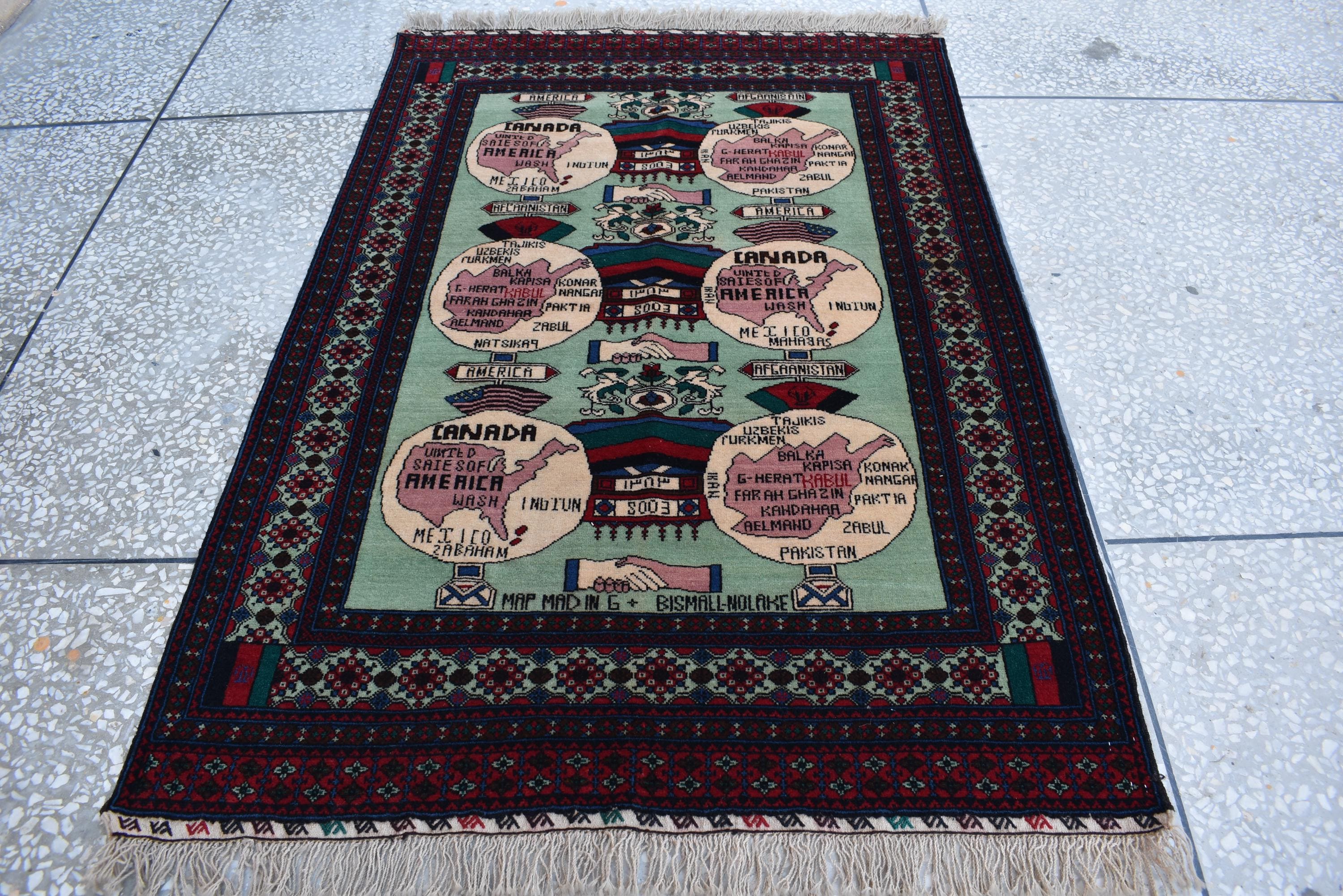 Afghan vintage 5.3×3.6 ft world map rug, oriental Balochi rug, office wall rug handmade wool area rug