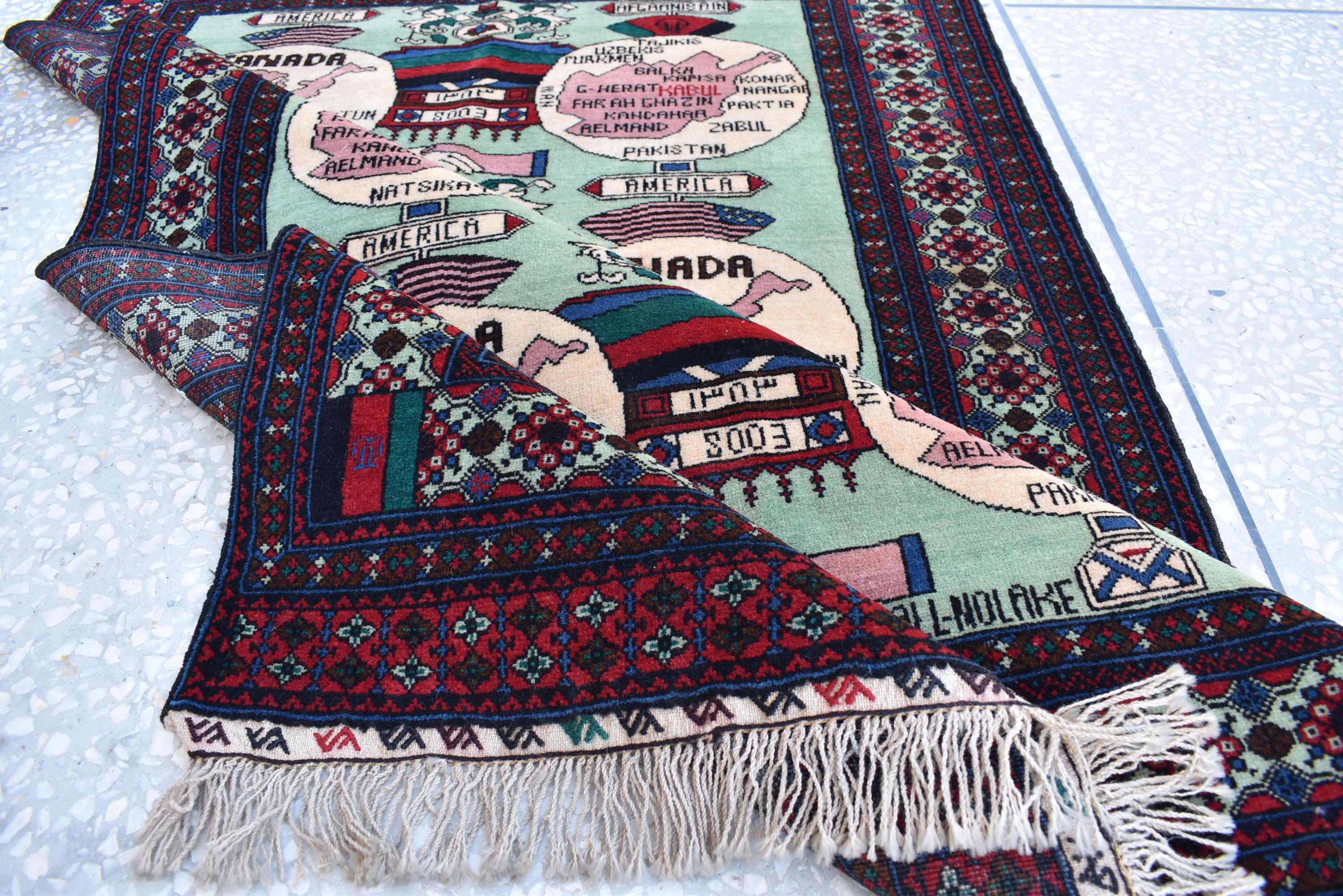 Afghan vintage 5.3×3.6 ft world map rug, oriental Balochi rug, office wall rug handmade wool area rug