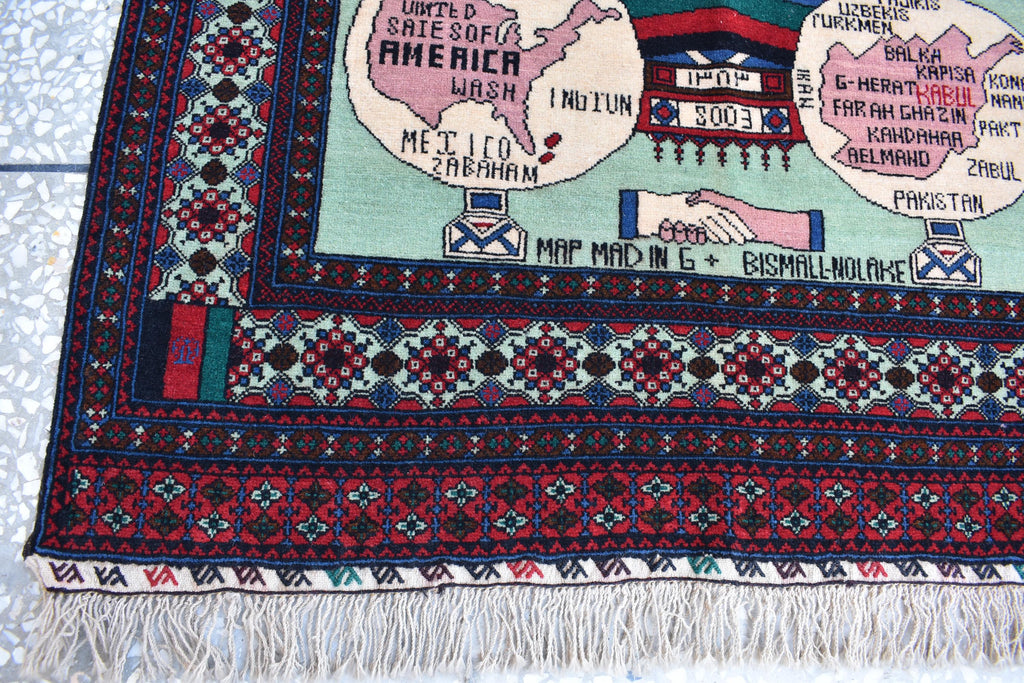 Afghan vintage 5.3×3.6 ft world map rug, oriental Balochi rug, office wall rug handmade wool area rug