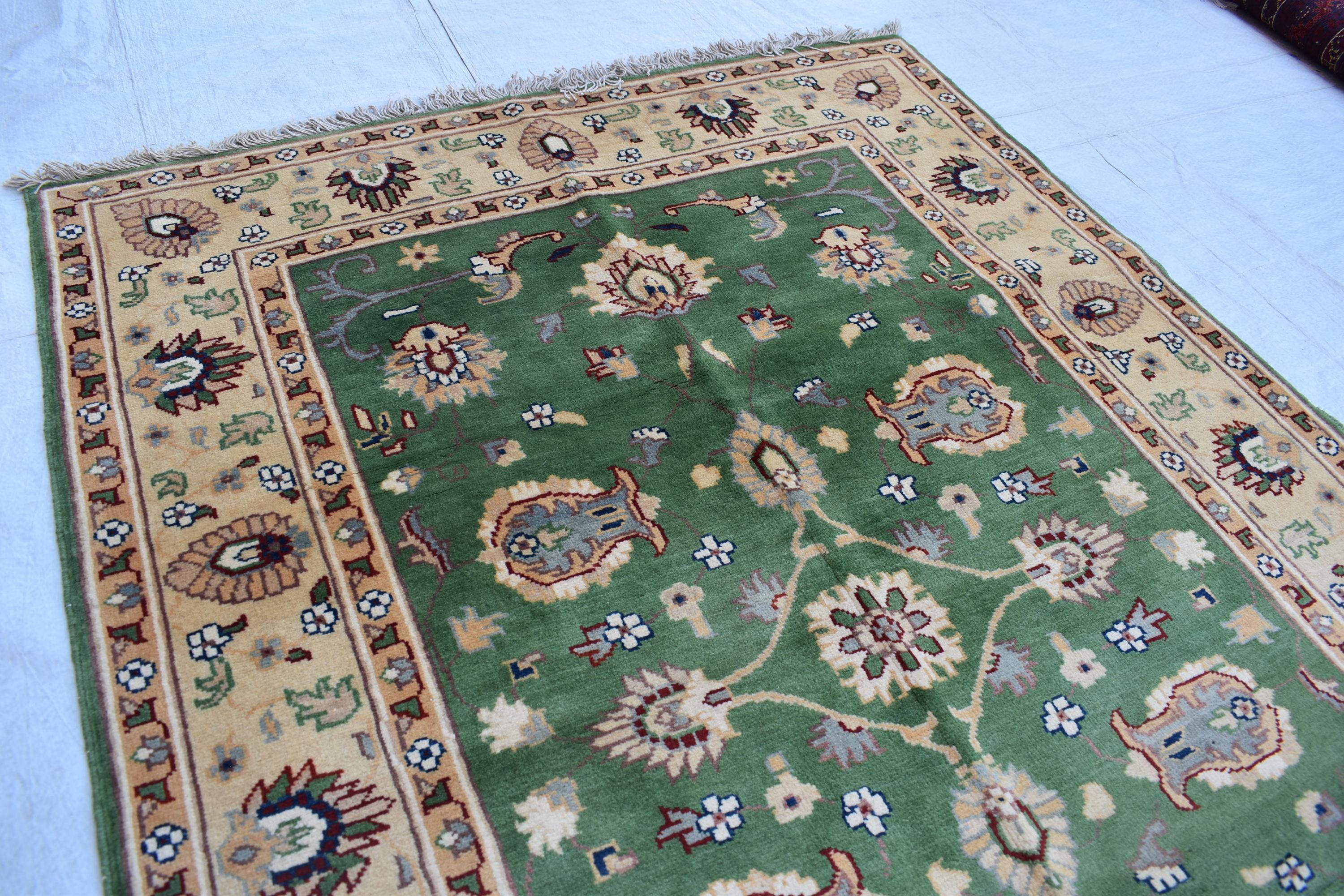 Handmade Chob Rang Manarus Carpet 4.11x3.4 ft Natural Dye Rug/ Geometric design/ Rug for Farmhouse Office