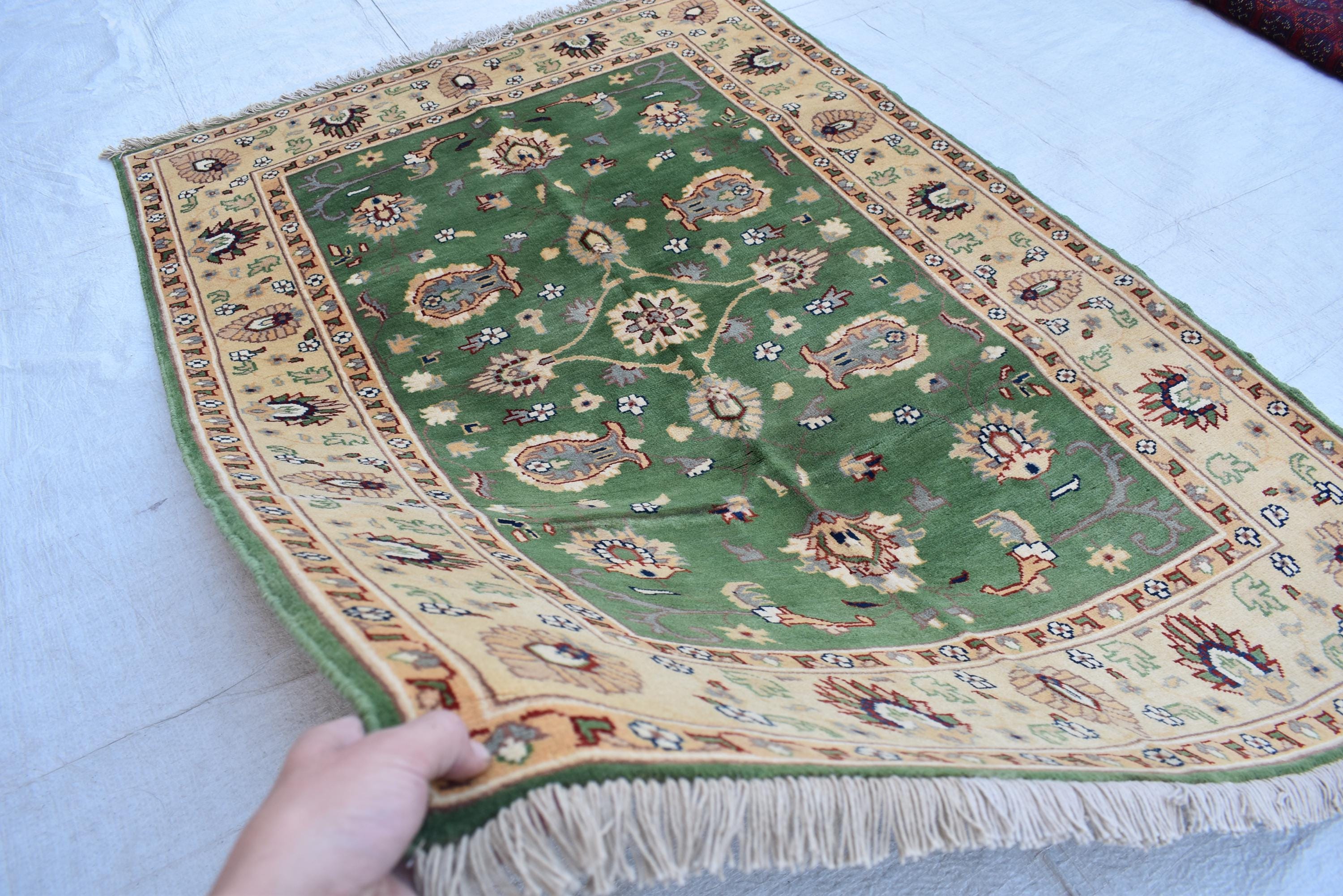 Handmade Chob Rang Manarus Carpet 4.11x3.4 ft Natural Dye Rug/ Geometric design/ Rug for Farmhouse Office