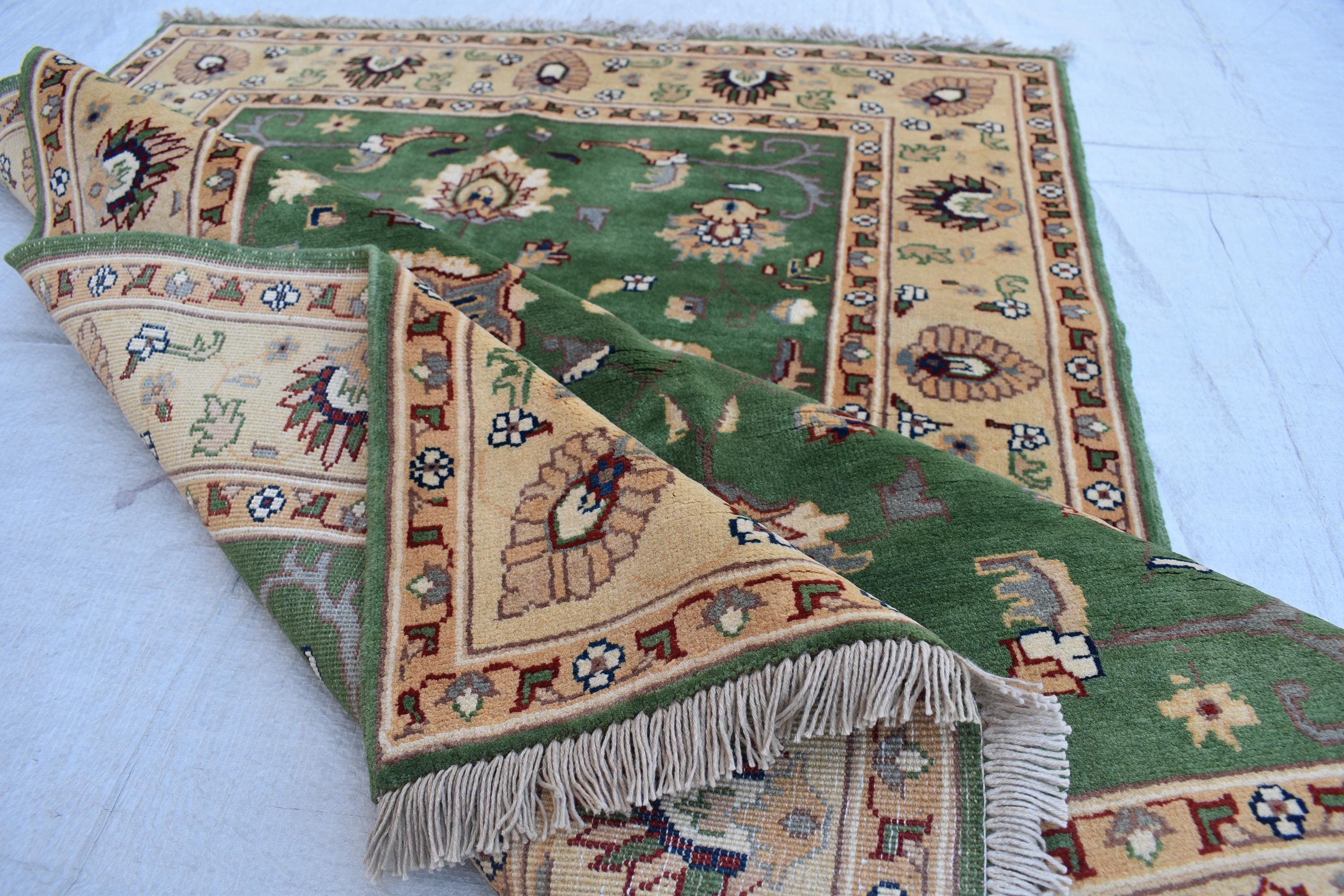 Handmade Chob Rang Manarus Carpet 4.11x3.4 ft Natural Dye Rug/ Geometric design/ Rug for Farmhouse Office