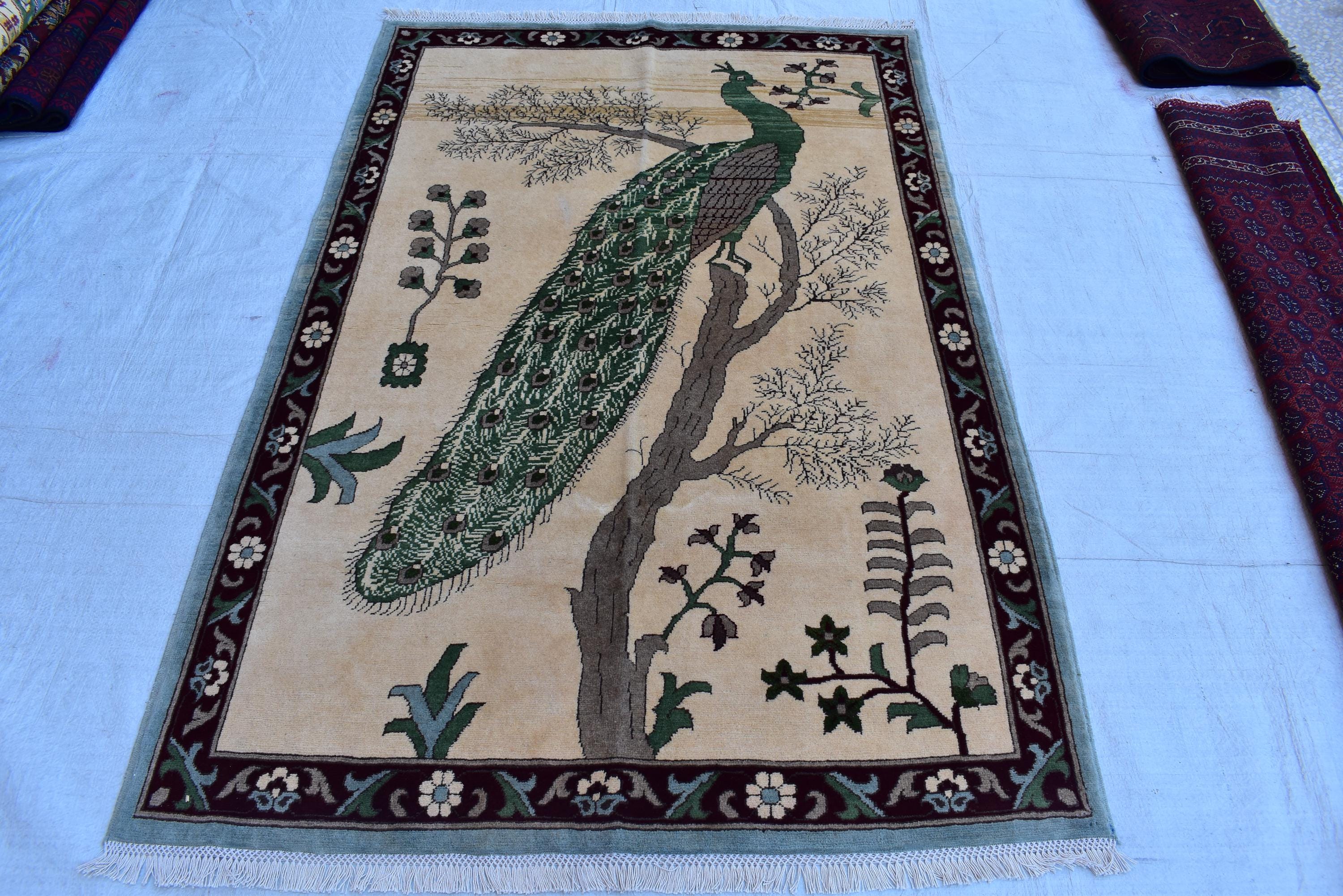 5.10×4 ft Majestic Peacock Carpet: A Symbol of Elegance and Beauty, vintage rug for office wall, living room decor