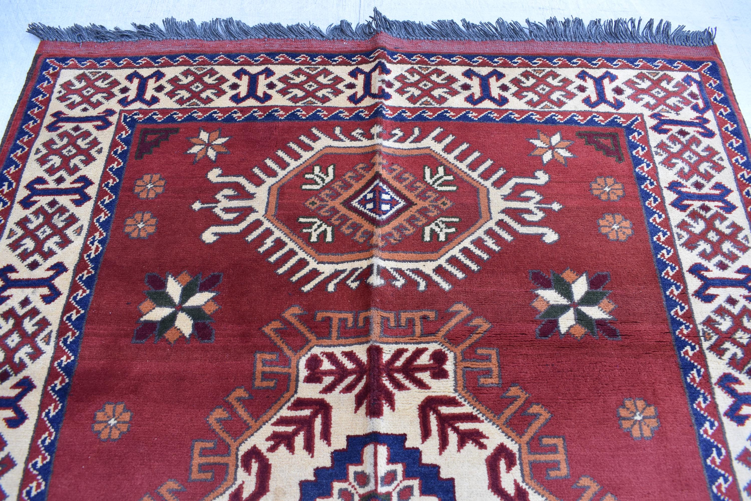 5x3.8 ft Handwoven Karqai vintage Carpet Authentic Afghan Rug with Geometric Pattern, Home decor Rug