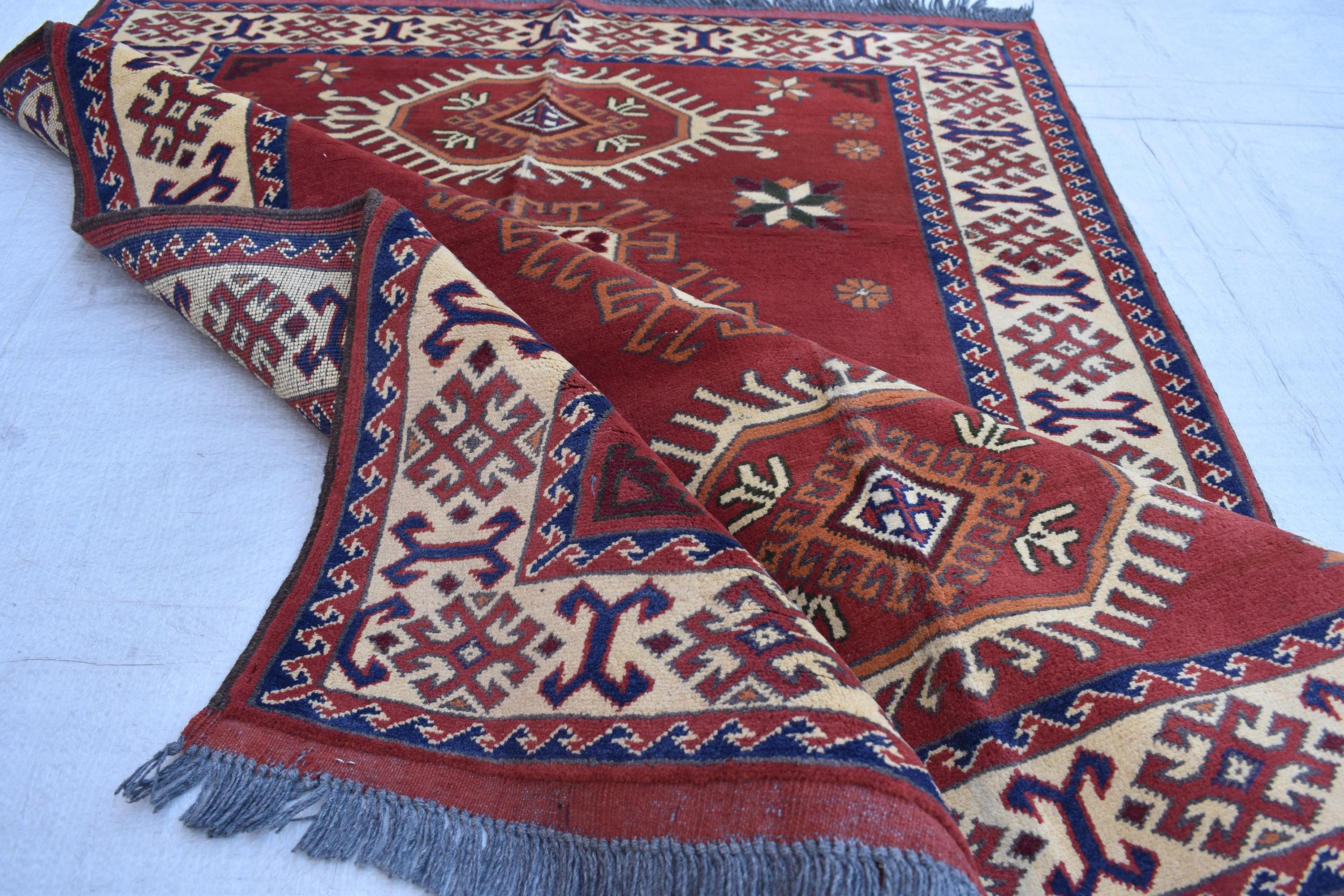 5x3.8 ft Handwoven Karqai vintage Carpet Authentic Afghan Rug with Geometric Pattern, Home decor Rug