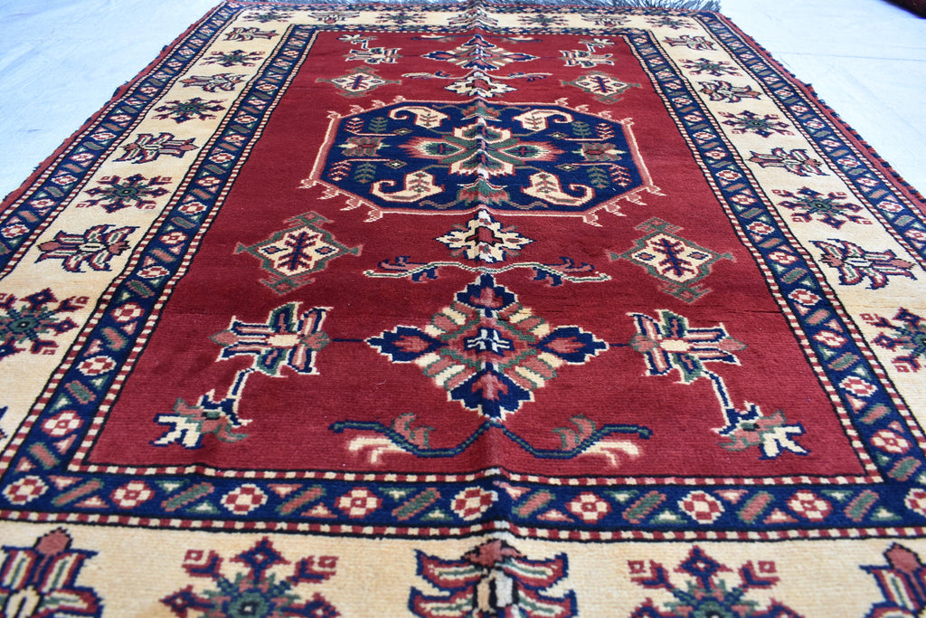 Vintage Karqai Carpet 4.10x3.10 ft: Handwoven Afghan Rug with Traditional Patterns – Authentic Wool Carpet, Collectible Rug